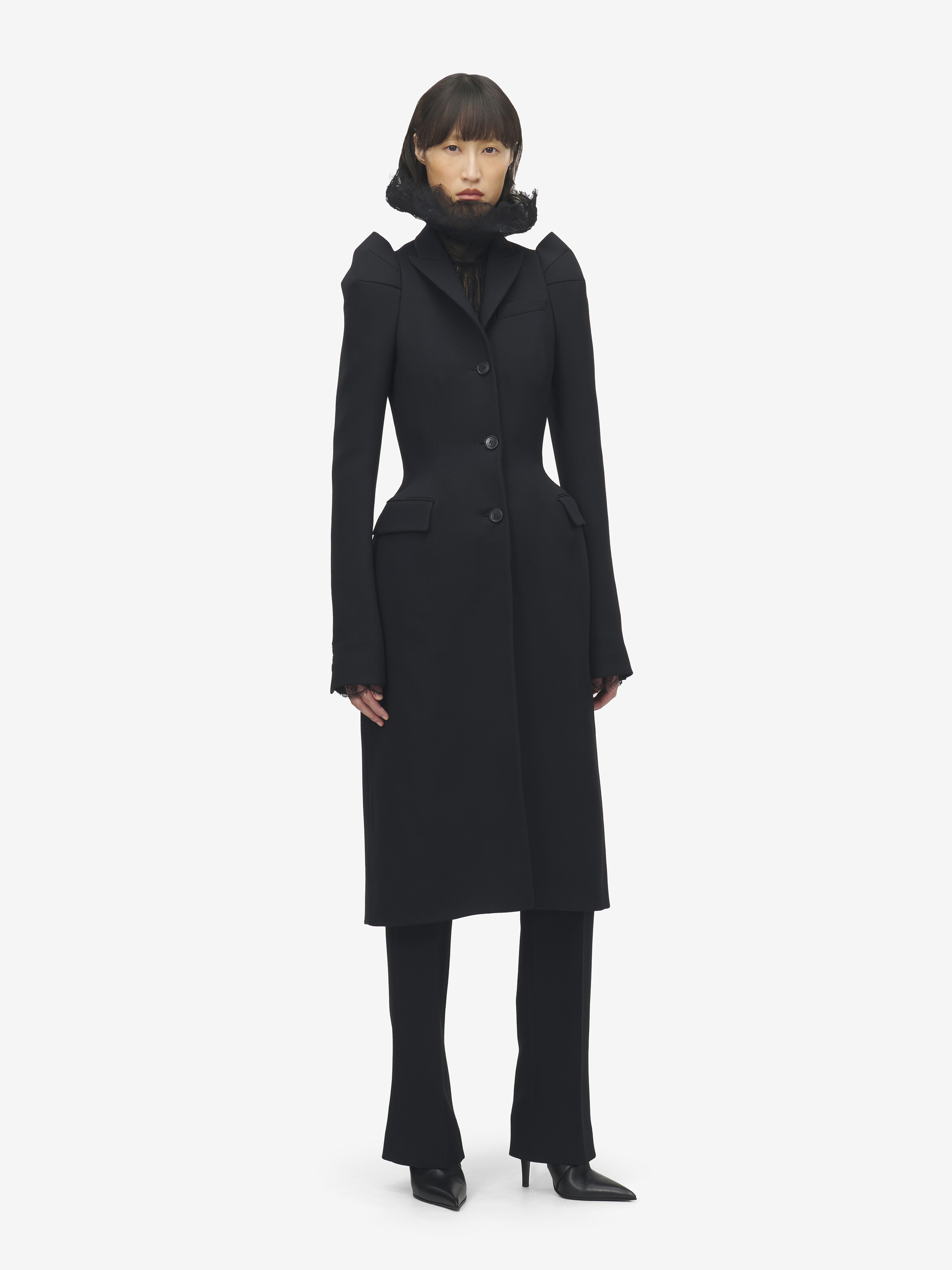 Women's Pinched Shoulder Coat in Black in 63% Wool, 25% Silk, 12% Polyamide | Alexander McQueen - image 1