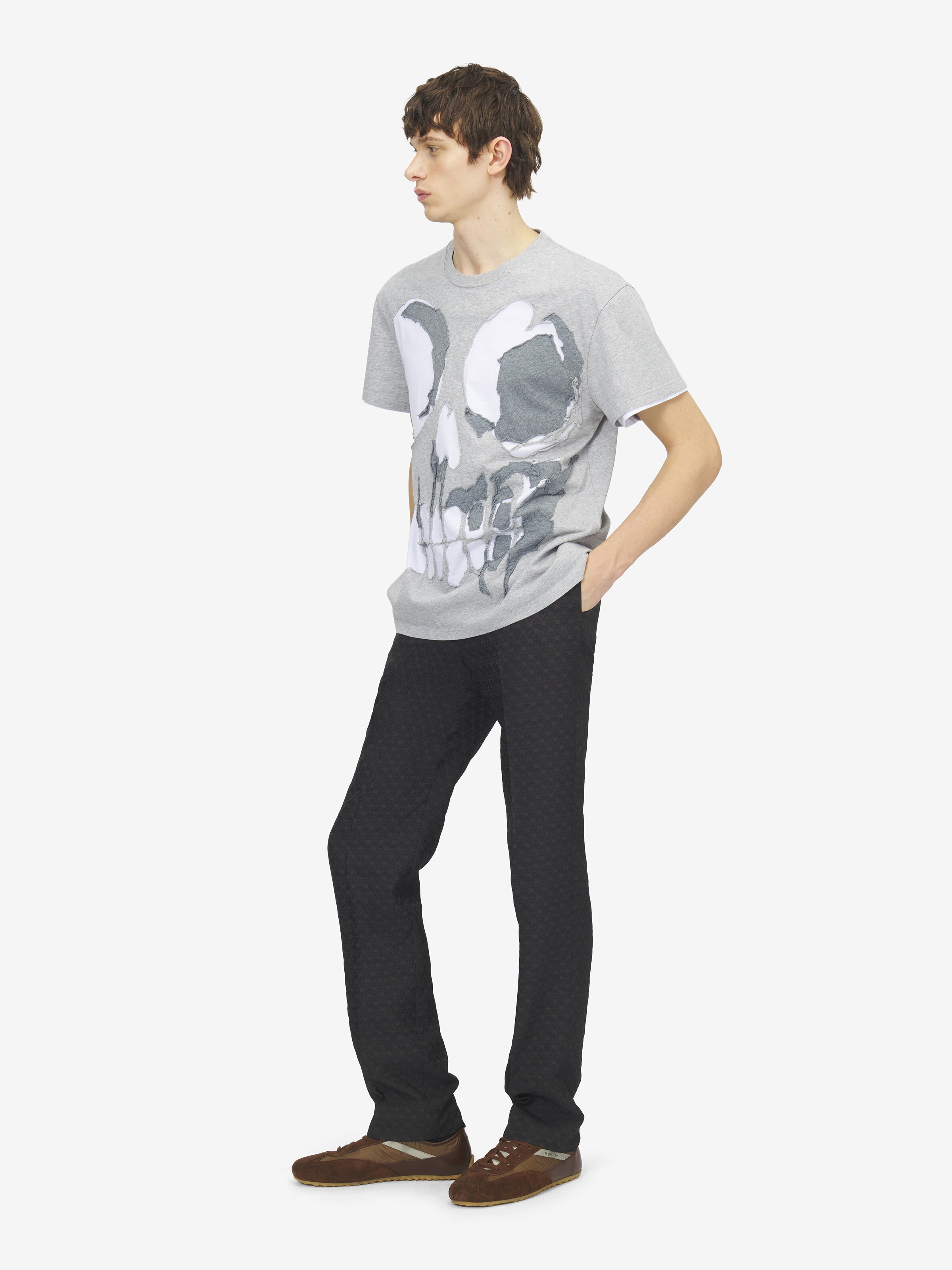 Men's Skull Applique T-shirt in Light Grey in 100% Cotton | Alexander McQueen - image 3