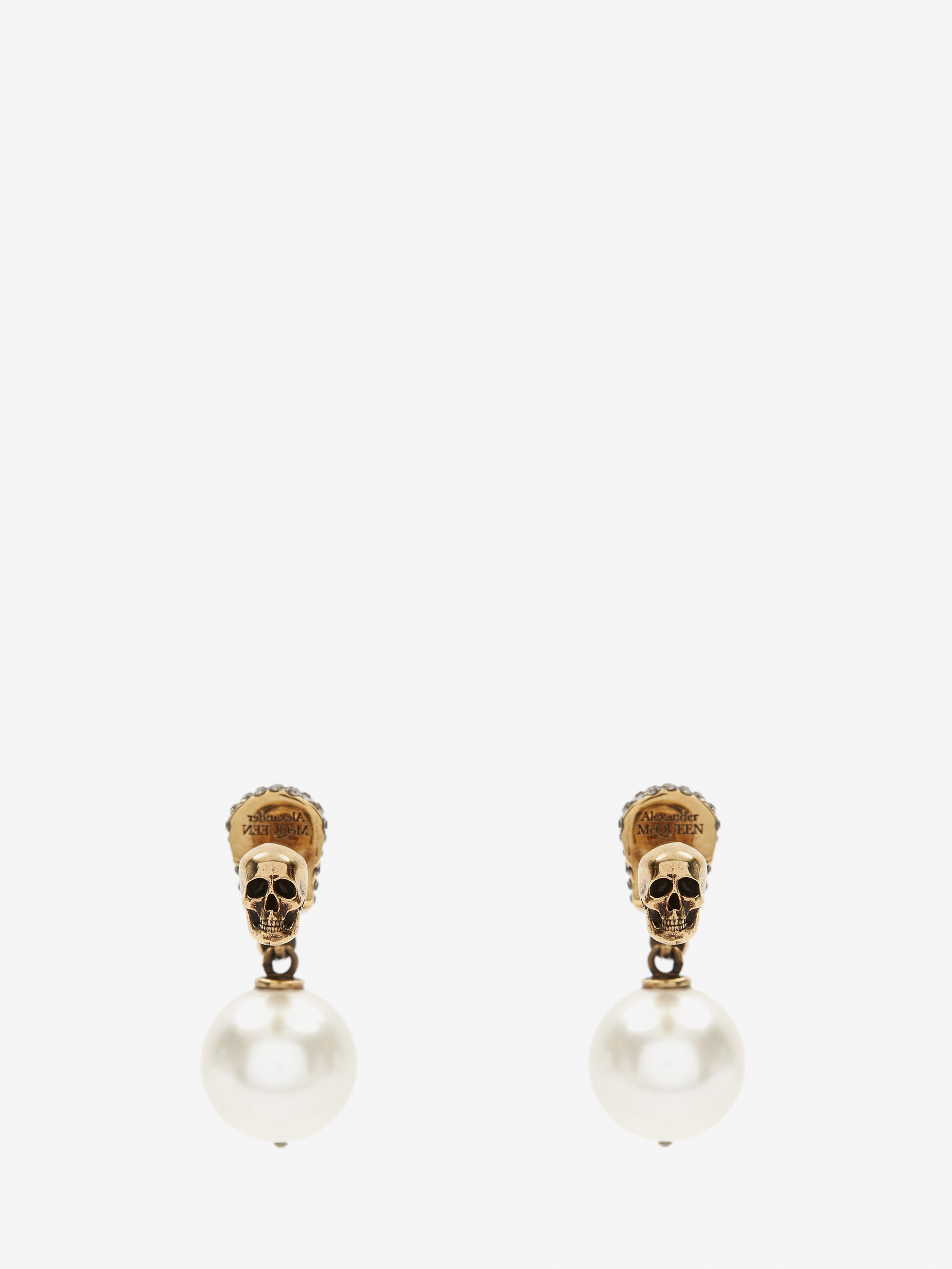 Women's Pearl Pave Skull Earrings in Antique Gold-finish in Brass | Alexander McQueen - image 3