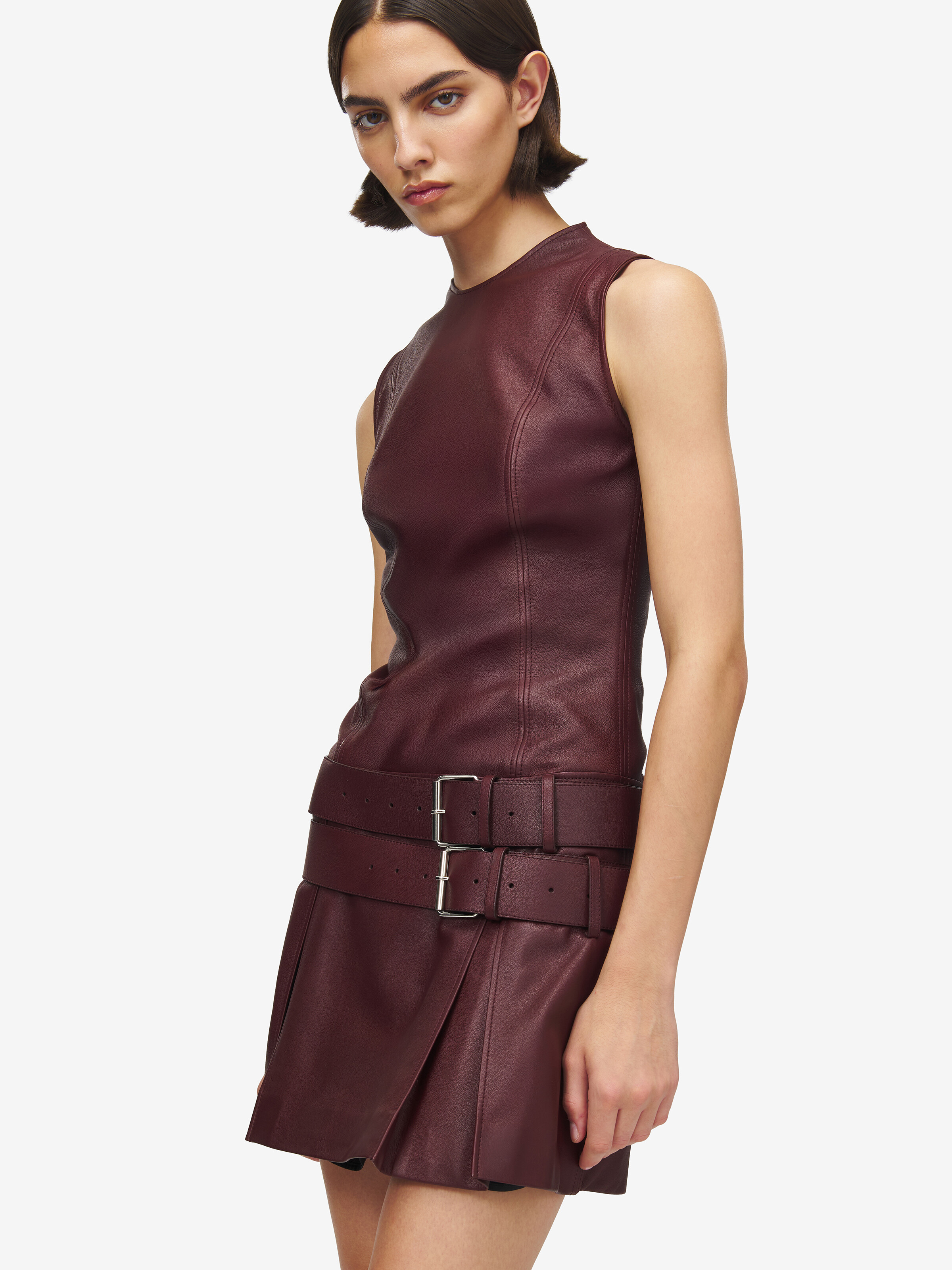 Women's Leather Double Belt Mini Dress in Dark Red in Lamb Leather | Alexander McQueen - image 5