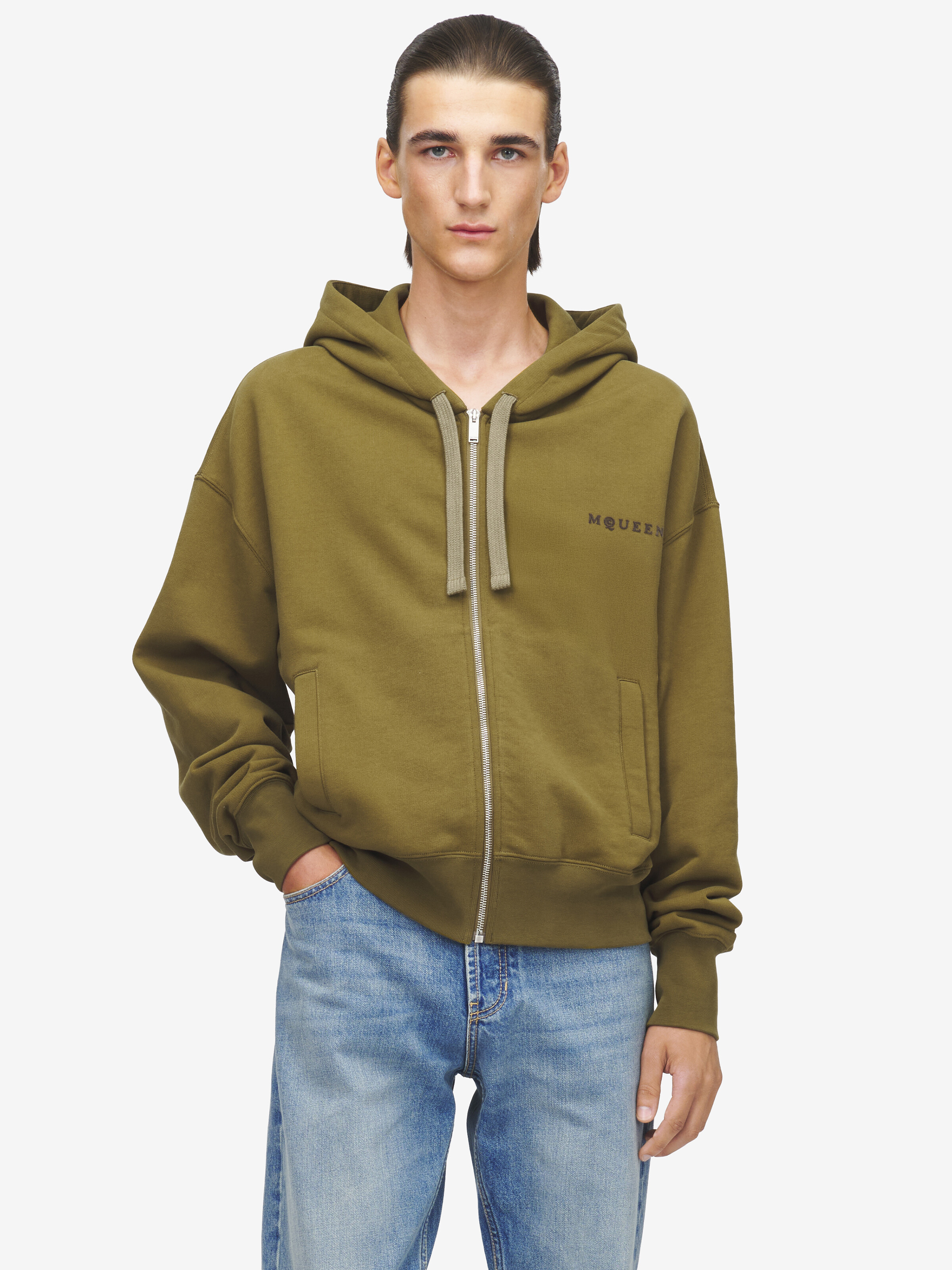 Men's Hooded Zip Through Sweatshirt in Green in 100% Cotton | Alexander McQueen - image 1