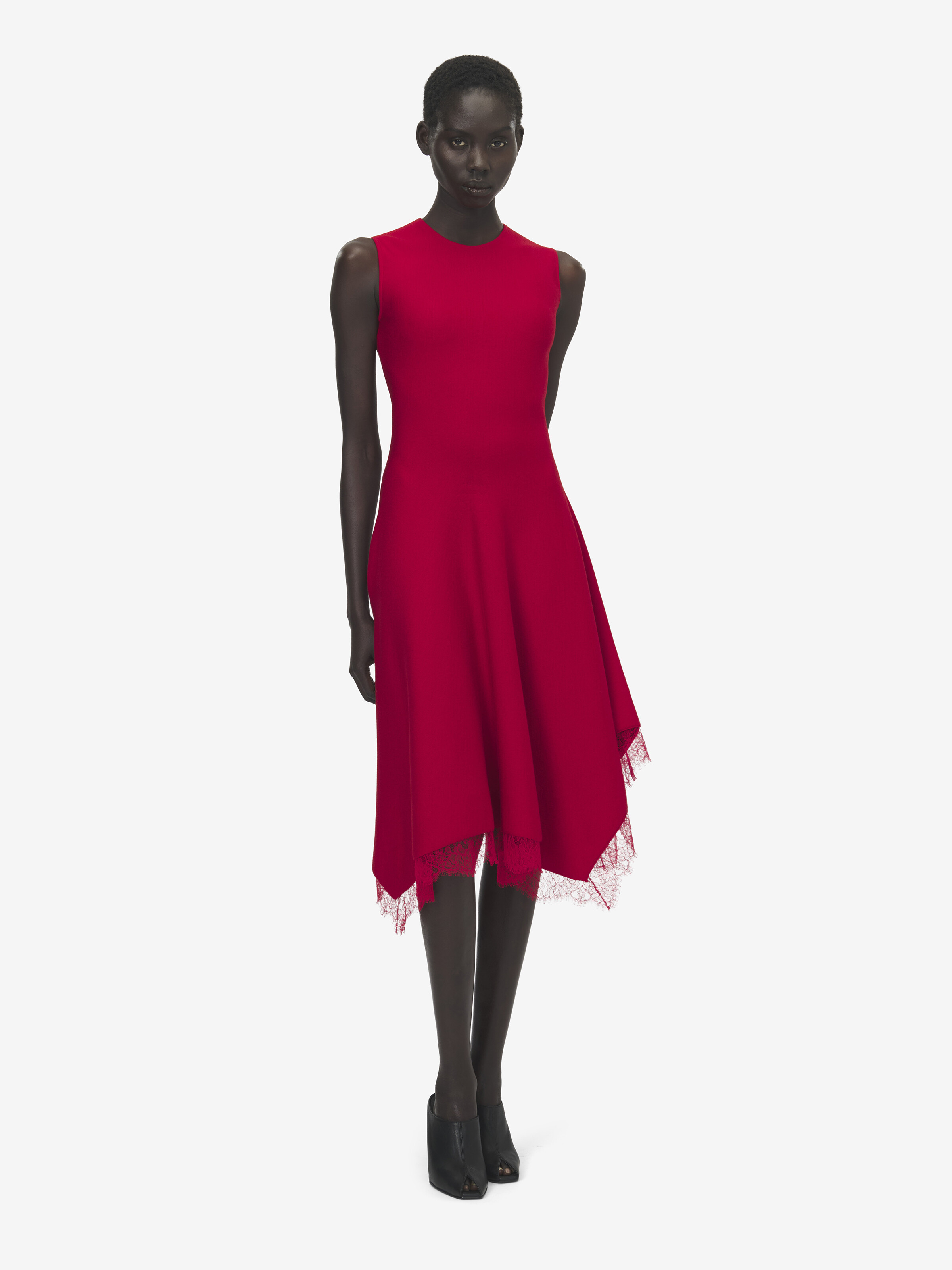 alexander mcqueen lace dress Inset Silk line dress in flame red compact wool viscose alexander mcqueen black dress Margot