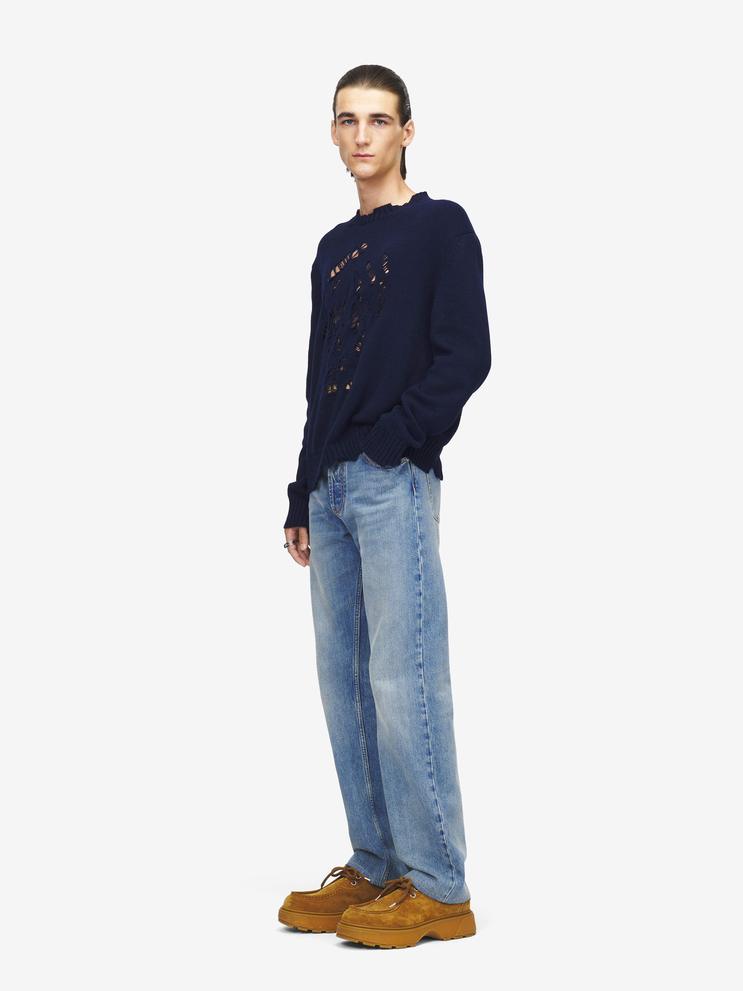 Men's Distressed Skull Jumper in Navy in 100% Cotton | Alexander McQueen - image 4