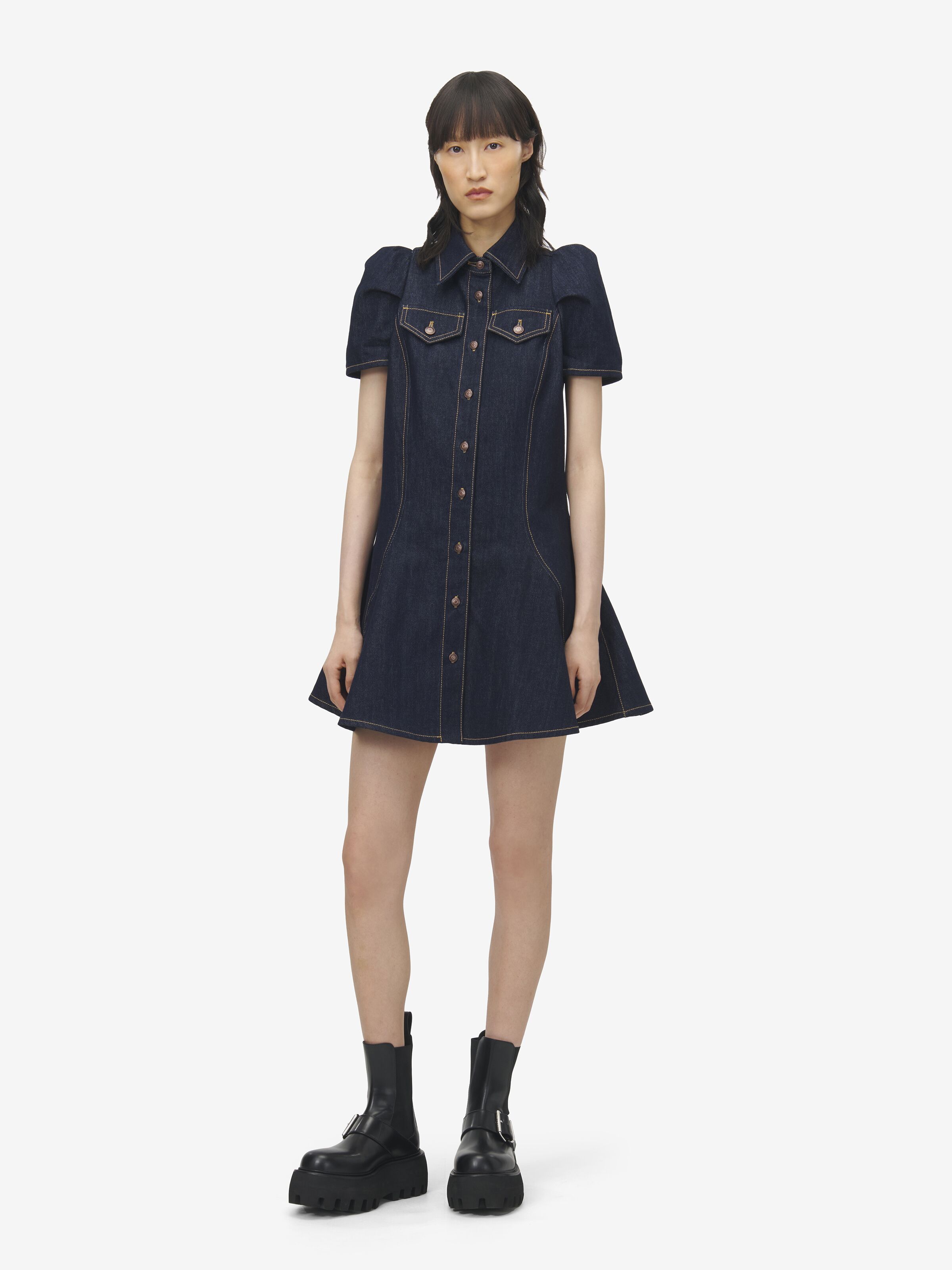 Minikleid aus Denim mit betonten Schultern für Damen in Dunkelblau gewaschen in 100% Baumwolle | Alexander McQueen - image 1