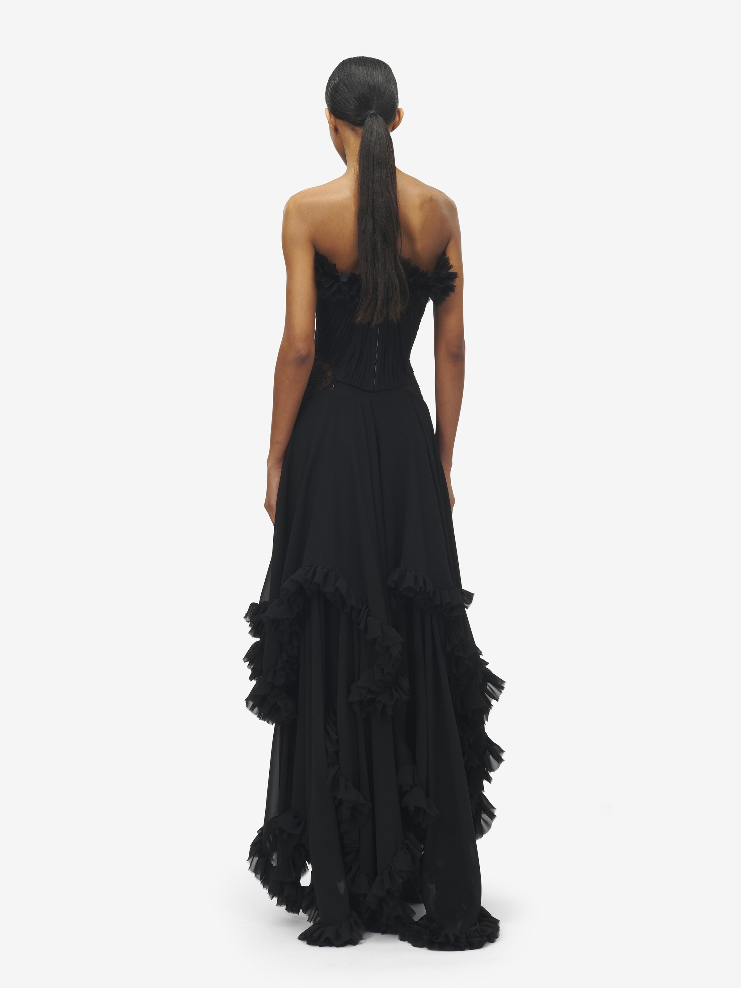 Women's Ruffled Evening Dress in Black in 100% Silk | Alexander McQueen - image 4