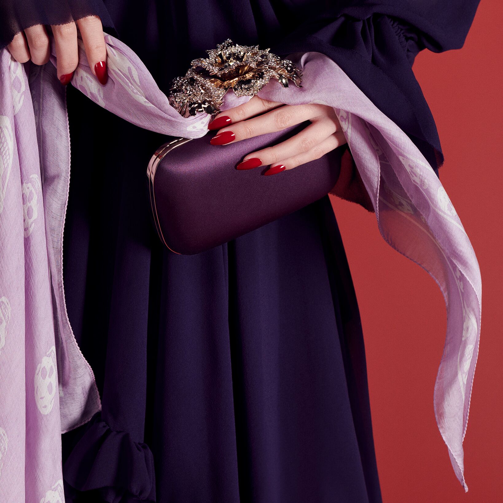 Alexander McQueen evening clutch and McQueen Skull Scarf in lilac