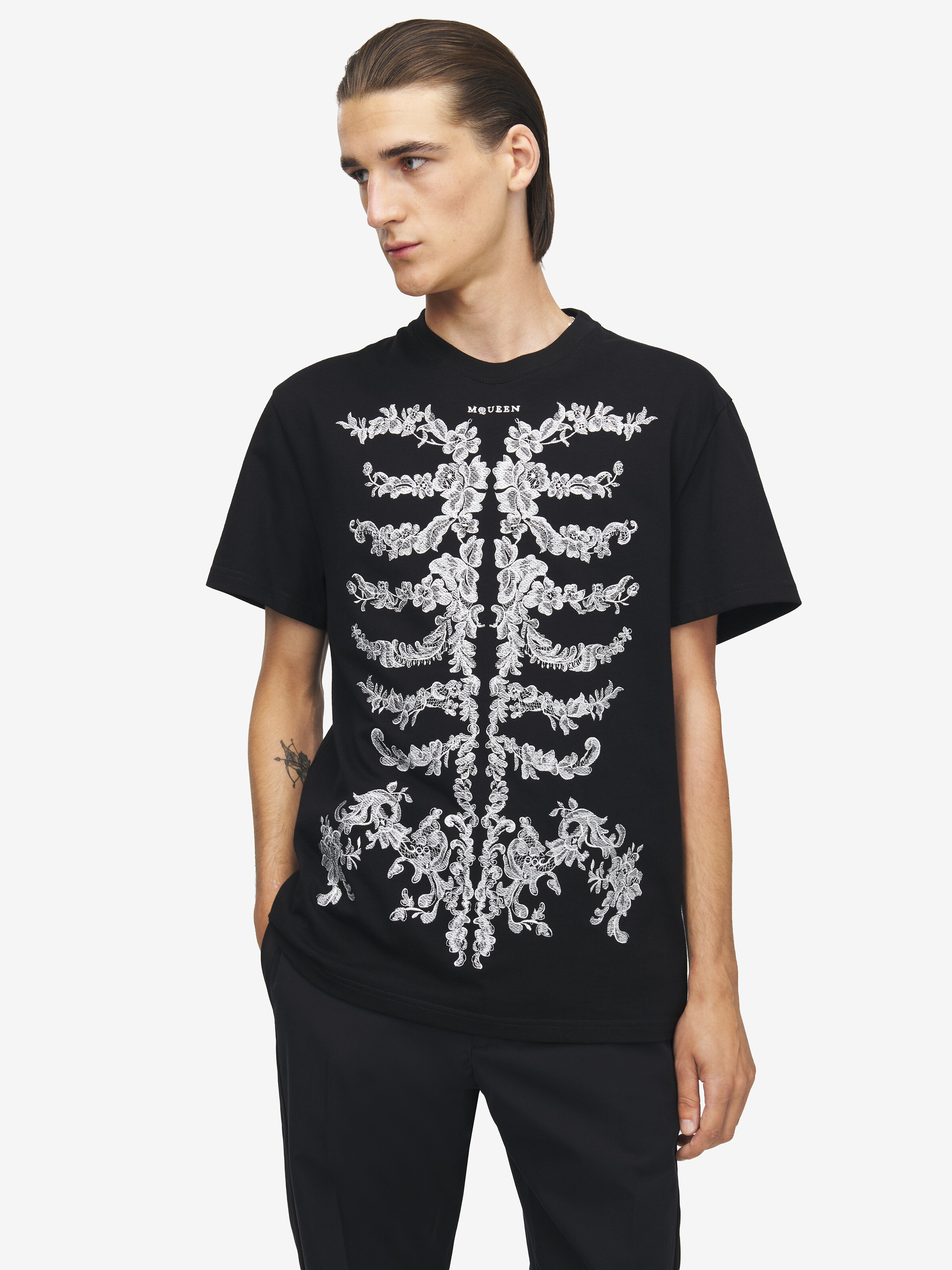 Men's Lace Ribcage T-shirt in Black in 100% Cotton | Alexander McQueen - image 1