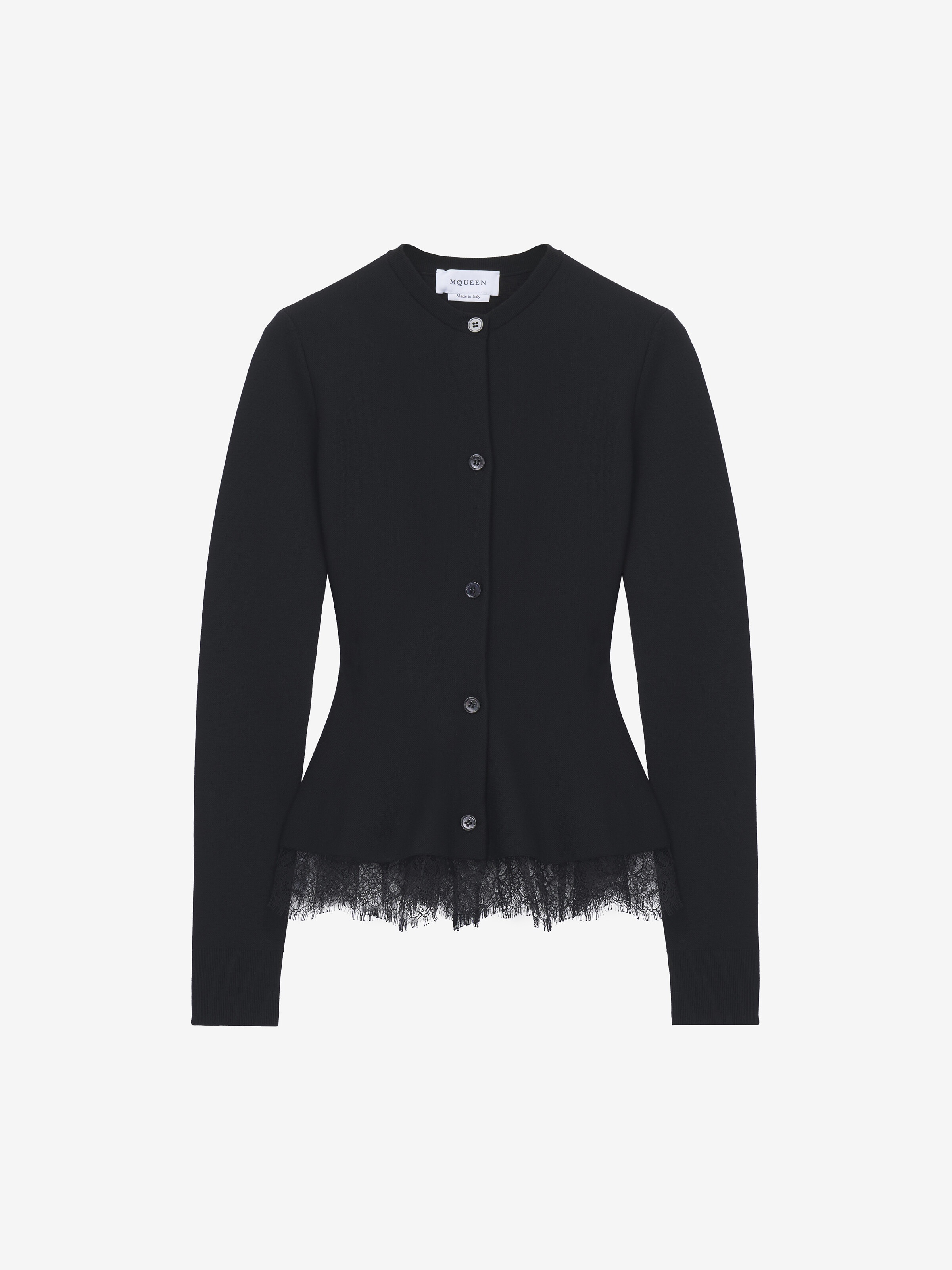 Women's Lace Trim Peplum Cardigan in Black in 46% Viscose, 45% Wool, 8% Polyamid1% Elastan | Alexander McQueen - image 1