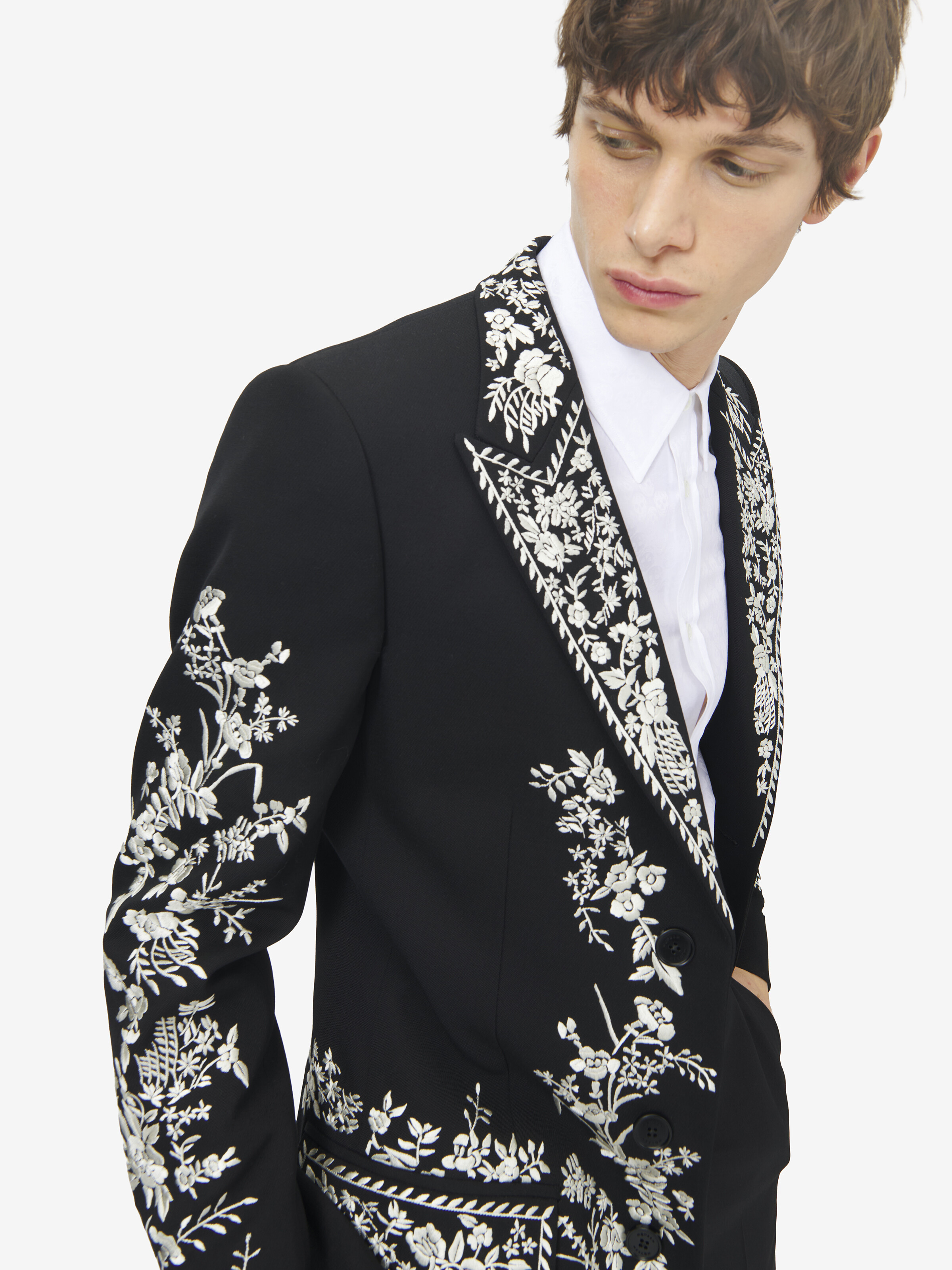 Men's Floral Embroidery Coat in Black in 100% Wool | Alexander McQueen - image 5