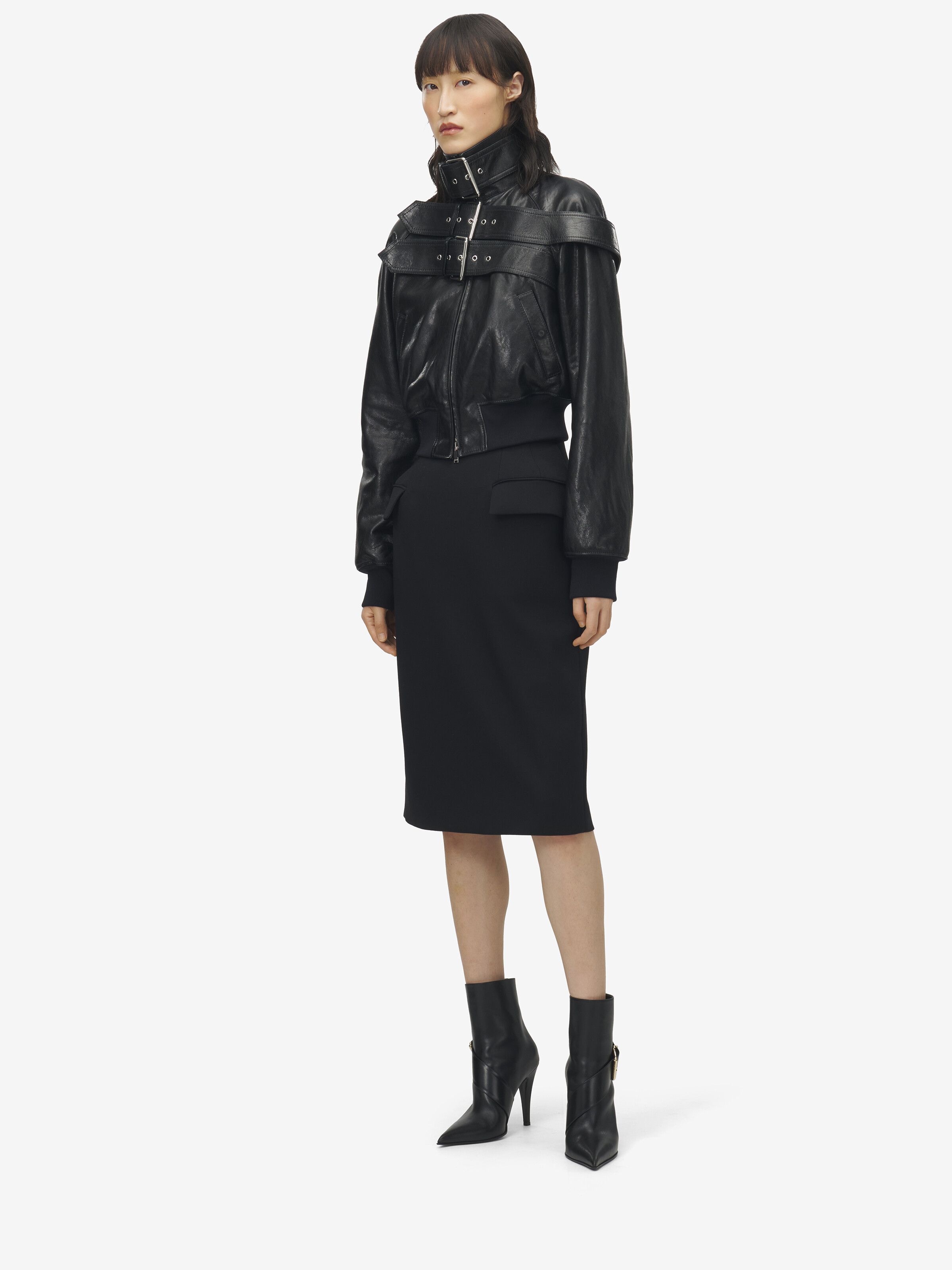 Women's Belt Detail Leather Jacket in Black in Lamb Leather | Alexander McQueen - image 3