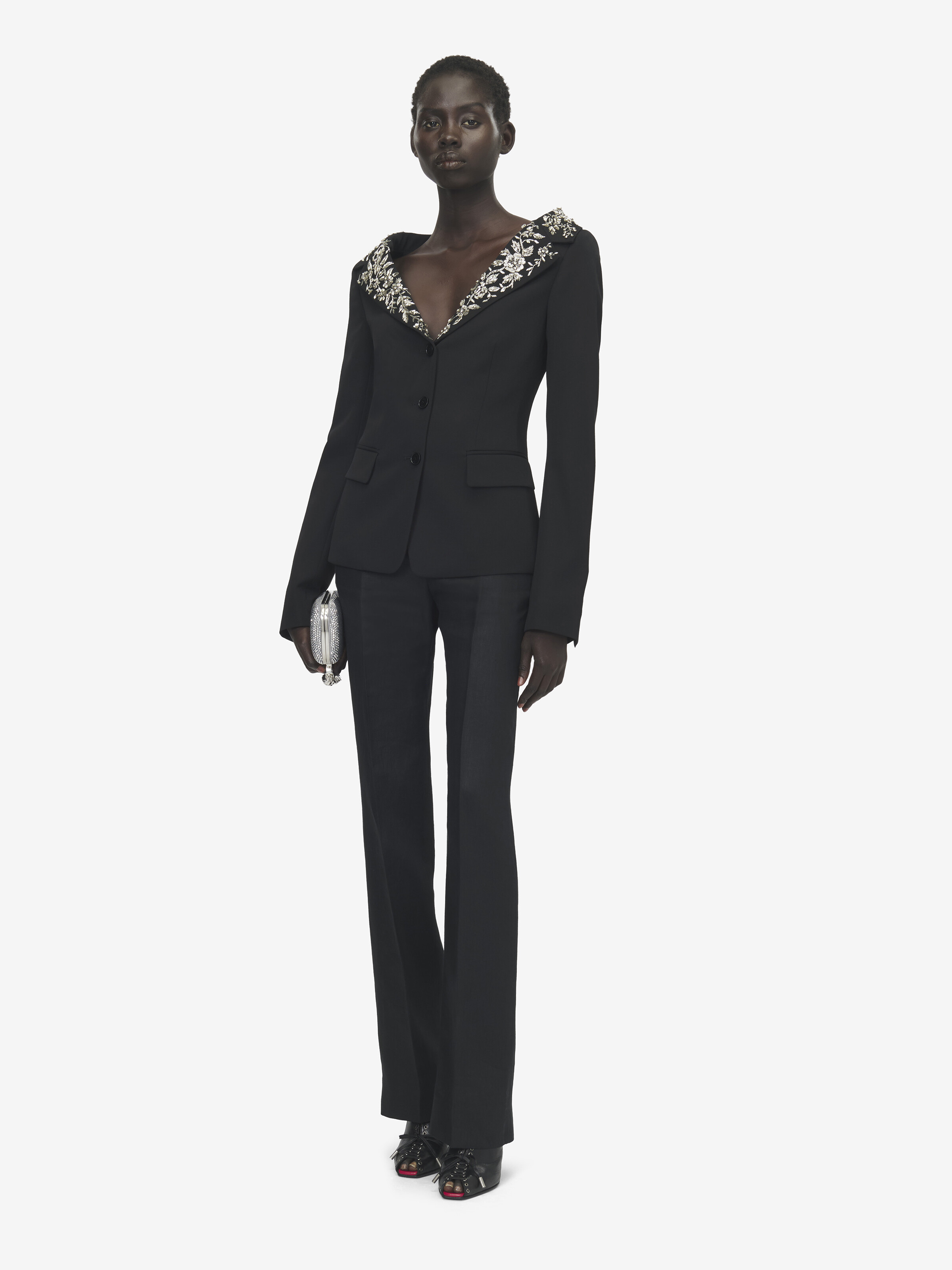 Women's Embroidered Off-the-shoulder Harness Jacket in Black in 100% Wool | Alexander McQueen - image 2