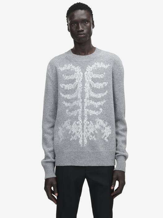 Men's Lace Ribcage Embroidery Jumper in Grey Melange | Alexander
