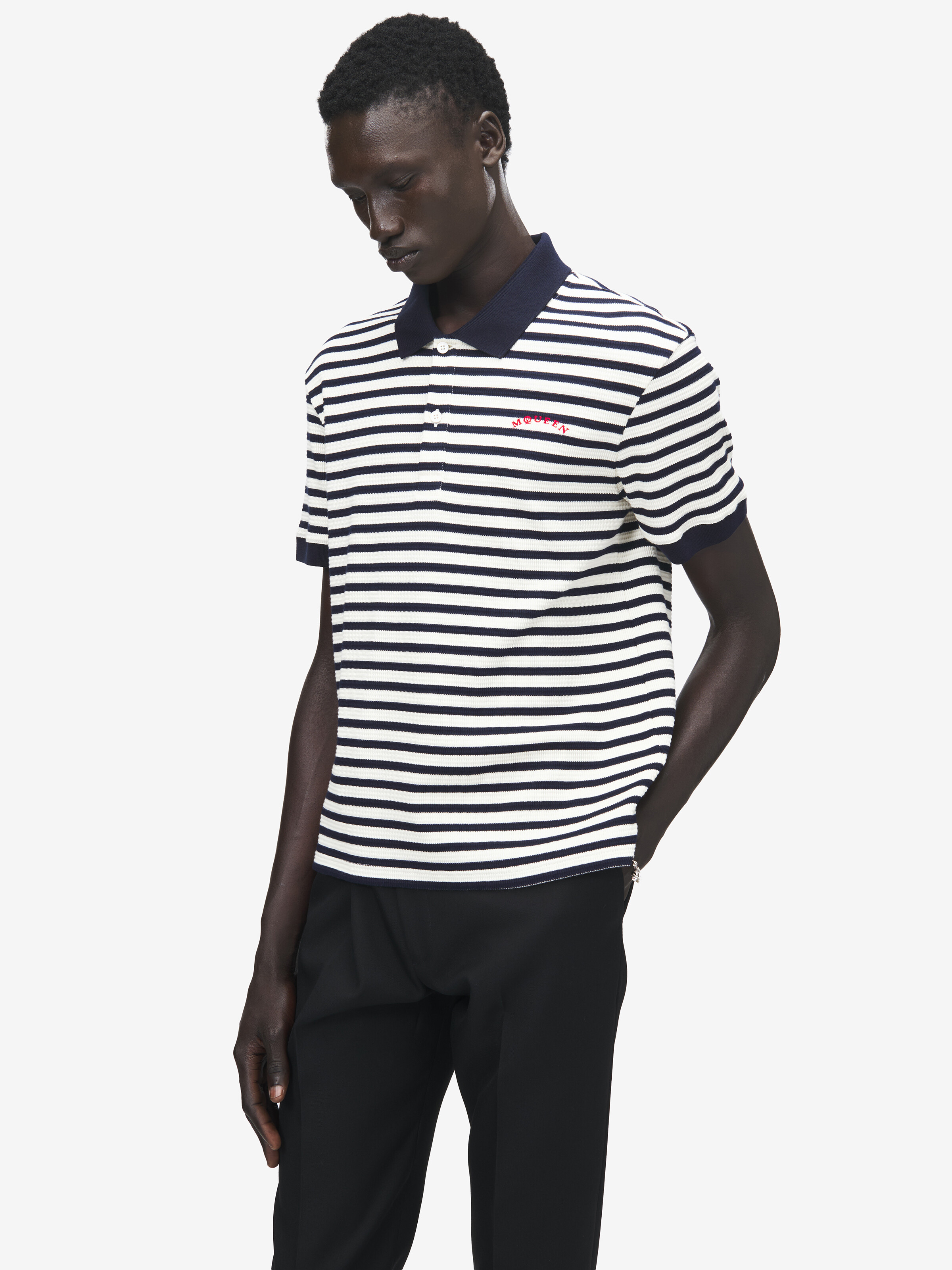 Men's Striped Polo Shirt in Ivory/Navy in 98% Cotton, 2% Elastan | Alexander McQueen - image 1