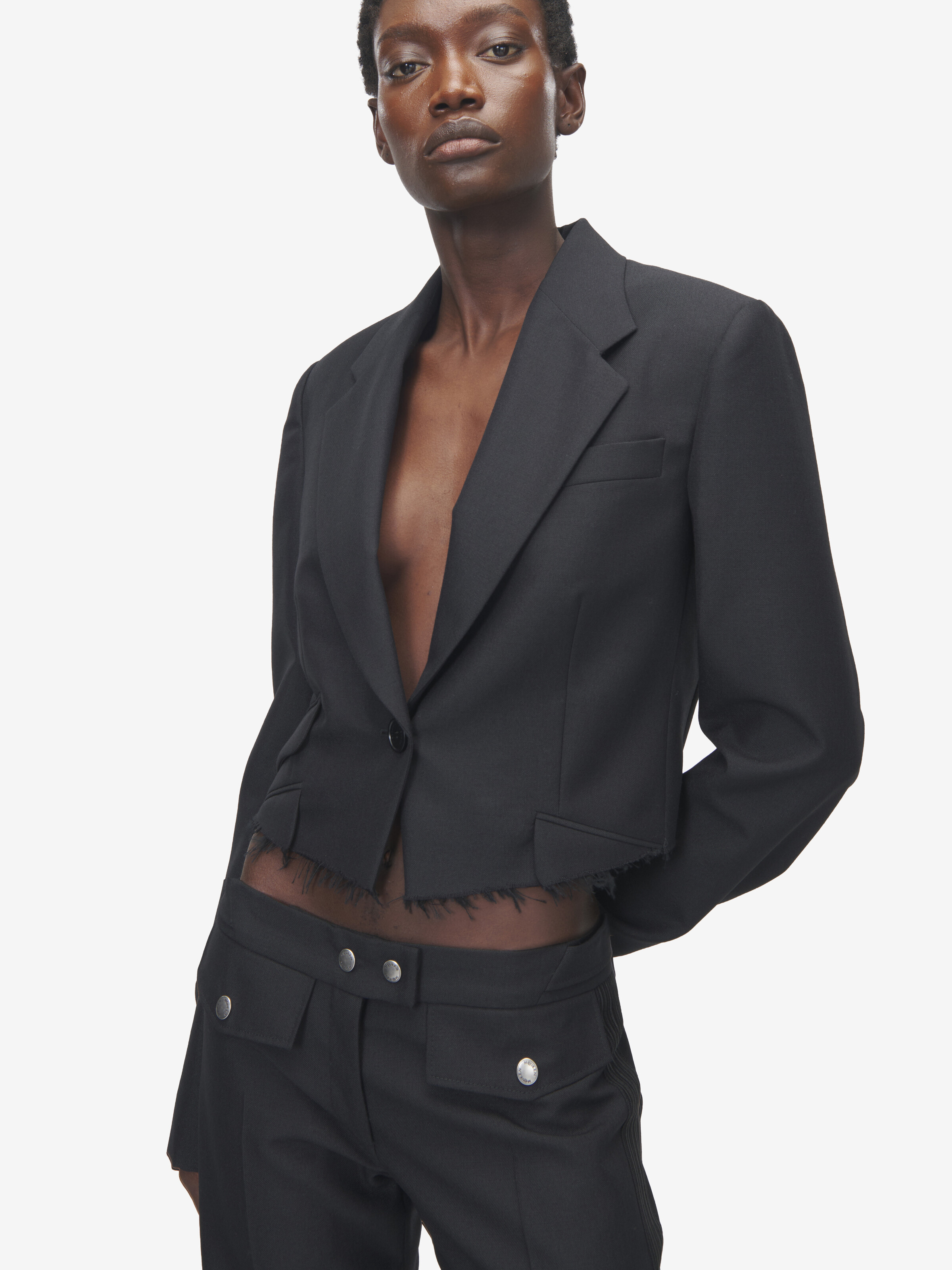 Women's Cropped Single-Breasted Jacket in Black in 75% Wool, 25% Mohair | Alexander McQueen - image 5