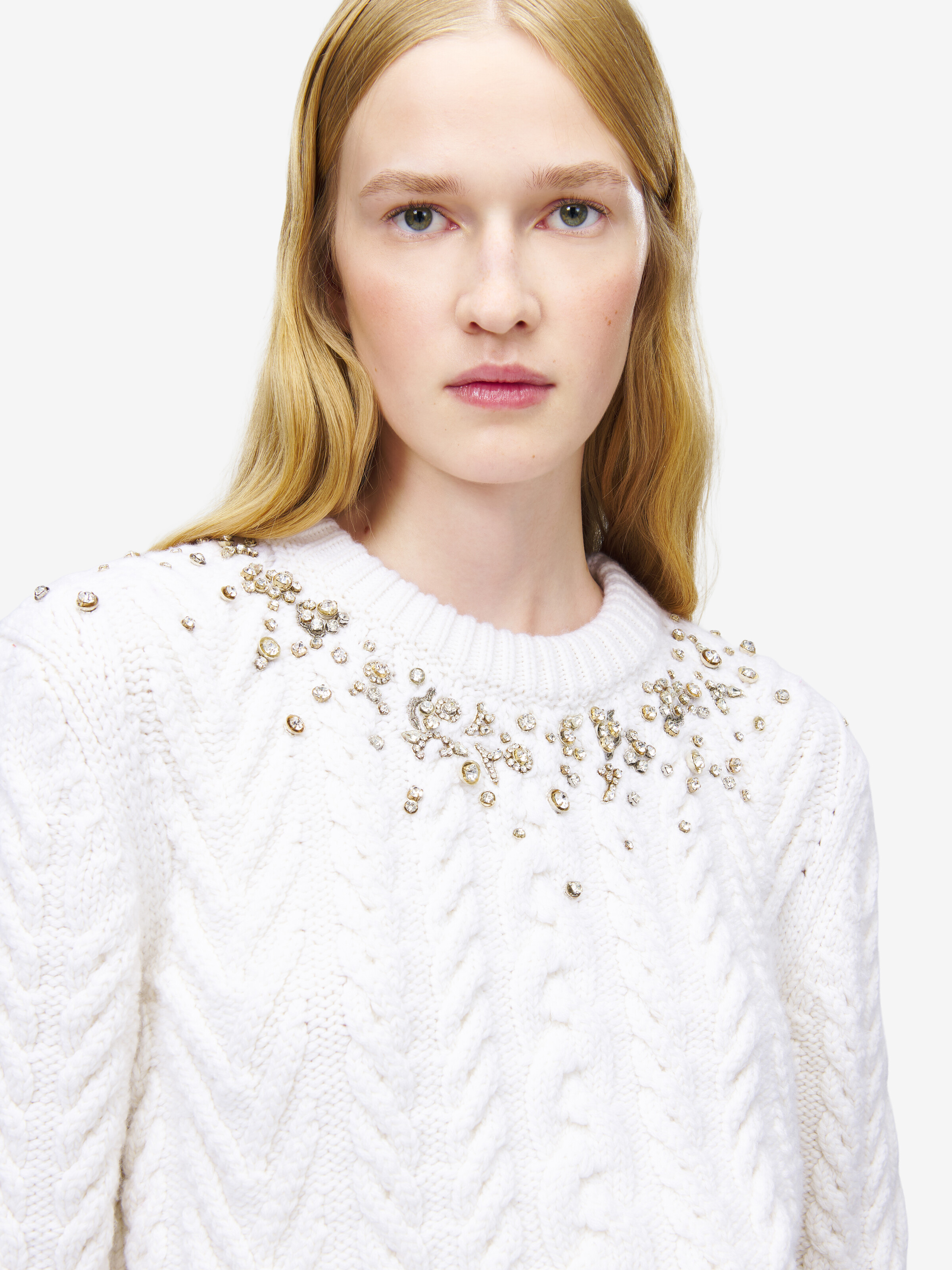 Women's Crystal Embroidery Cable Knit Jumper in Ivory in 90% Wool, 10% Cashmere | Alexander McQueen - image 6