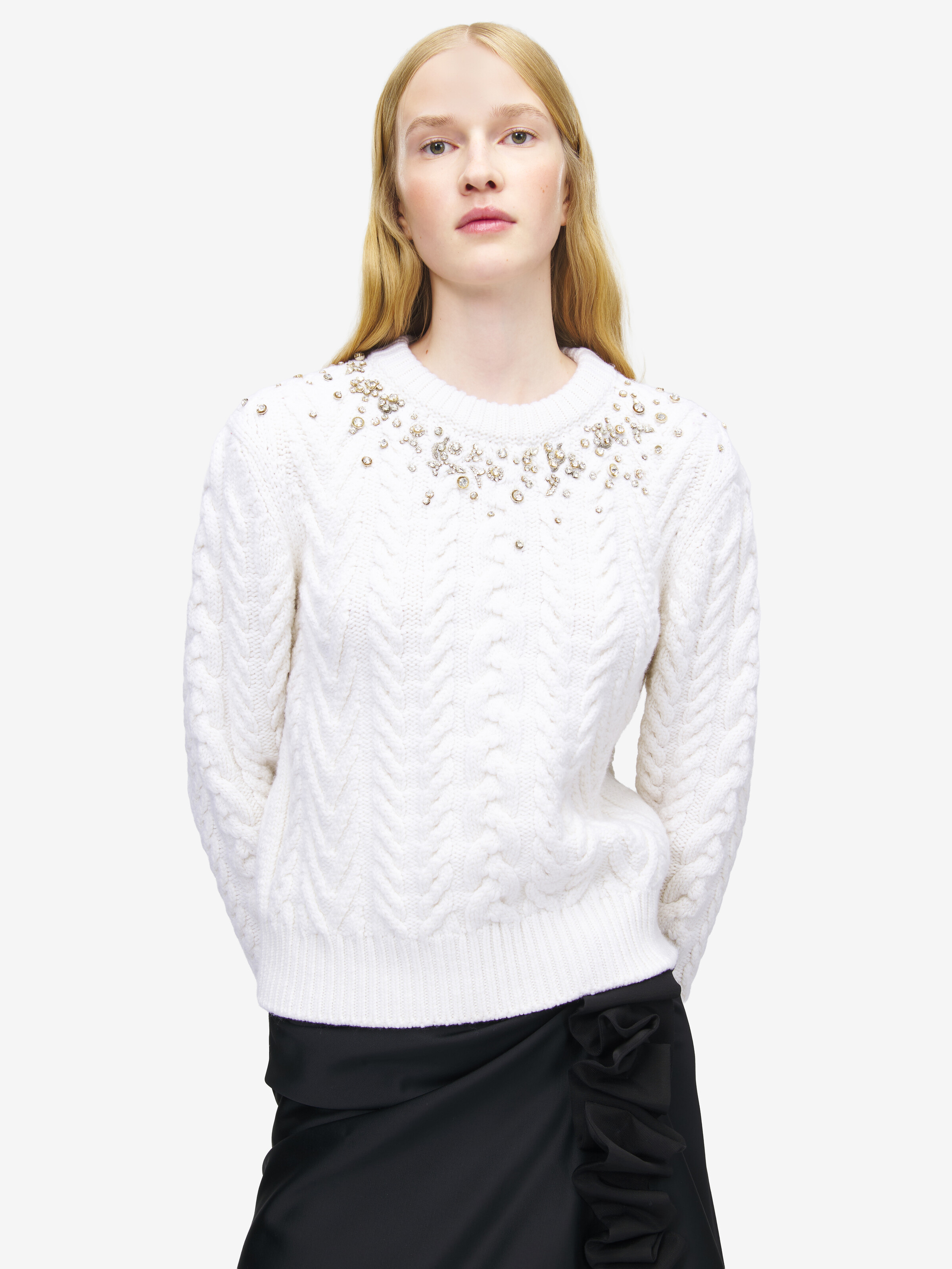 Women's Crystal Embroidery Cable Knit Jumper in Ivory in 90% Wool, 10% Cashmere | Alexander McQueen - image 6
