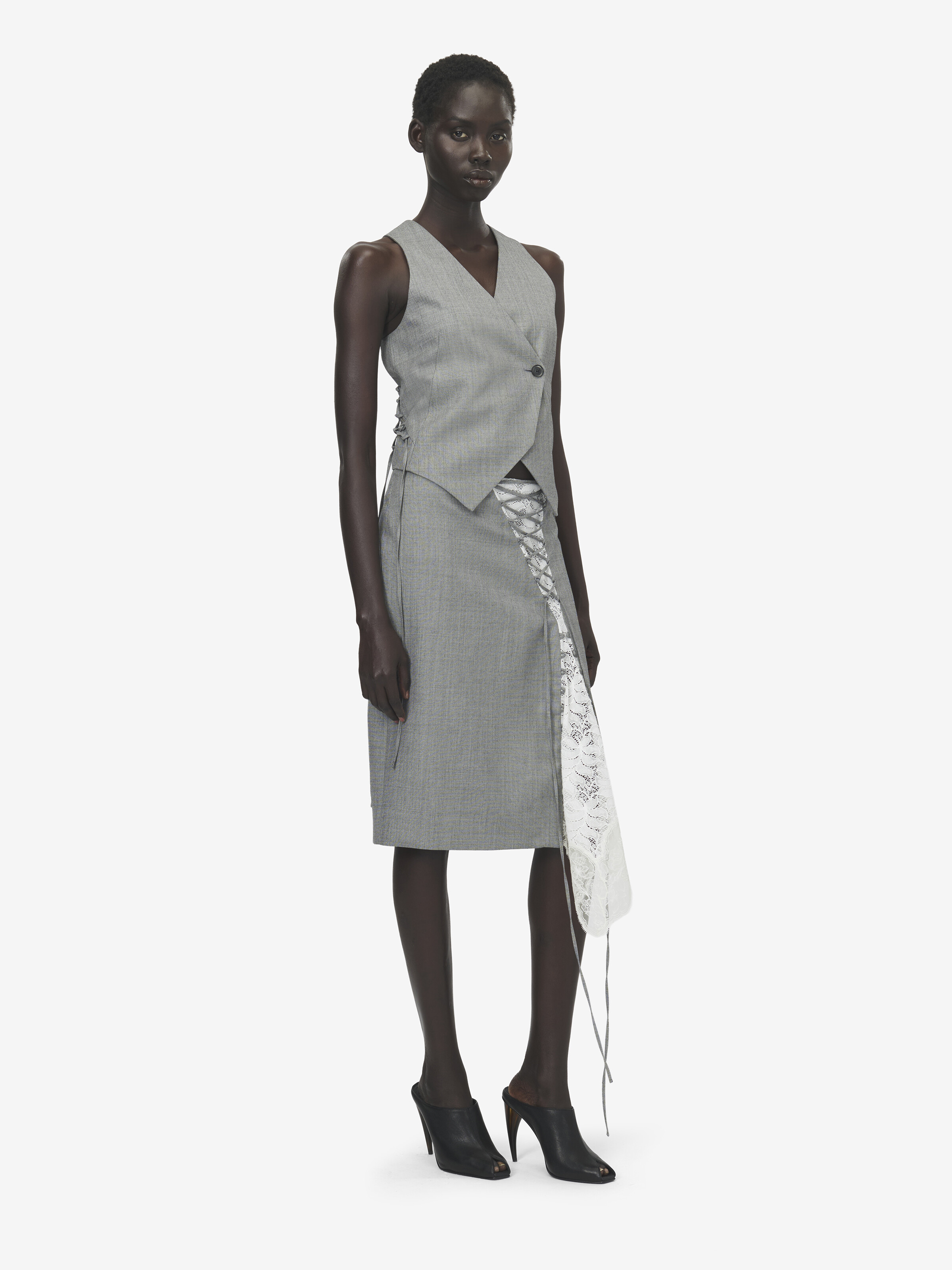Jupe crayon à empiècement lacé façon corset pour Femme en Noir/Blanc Ivoire in 100% Laine | Alexander McQueen - image 3