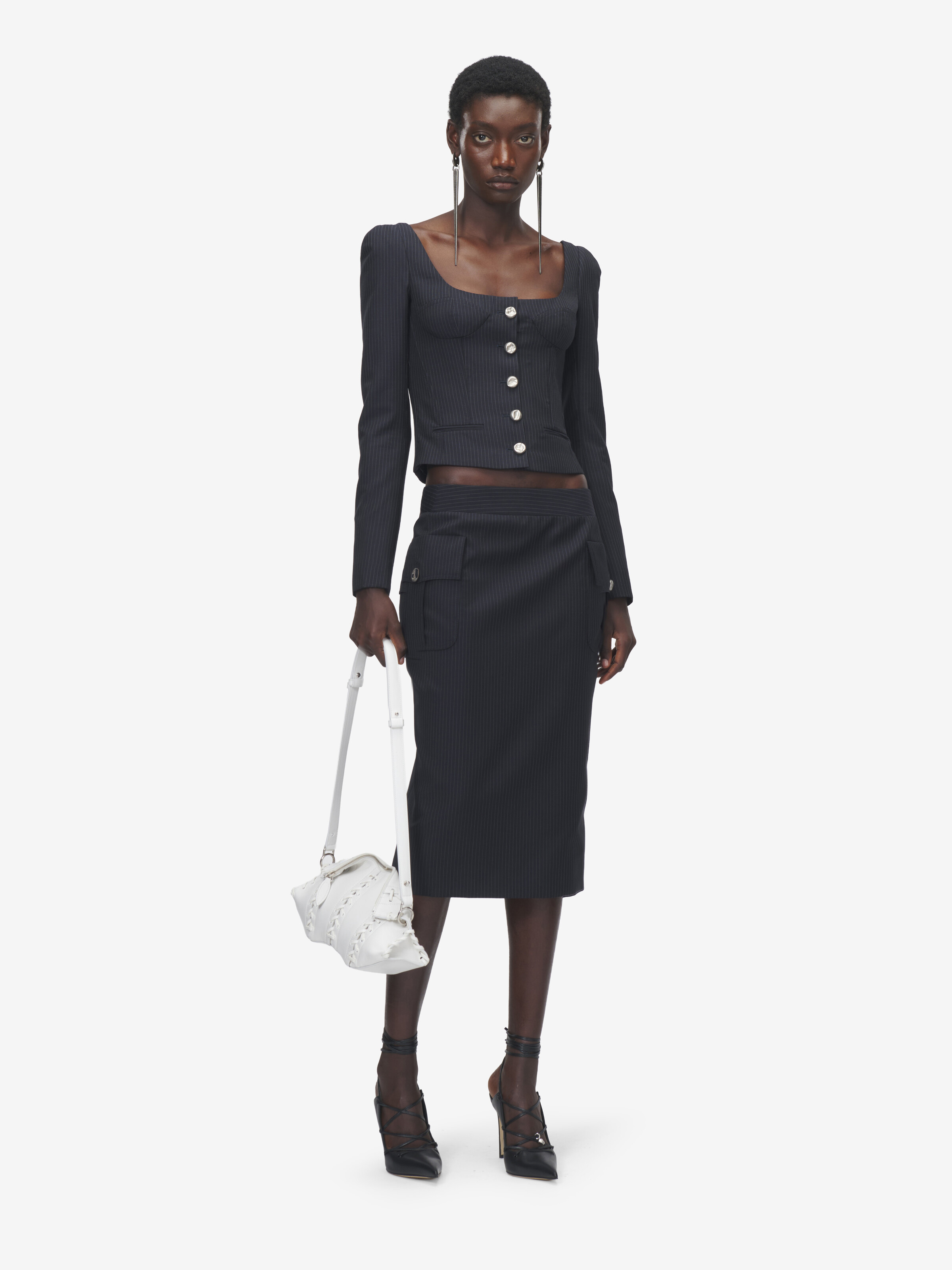 Women's Pinstriped Pencil Skirt in Navy in 75% Wool, 25% Mohair | Alexander McQueen - image 2