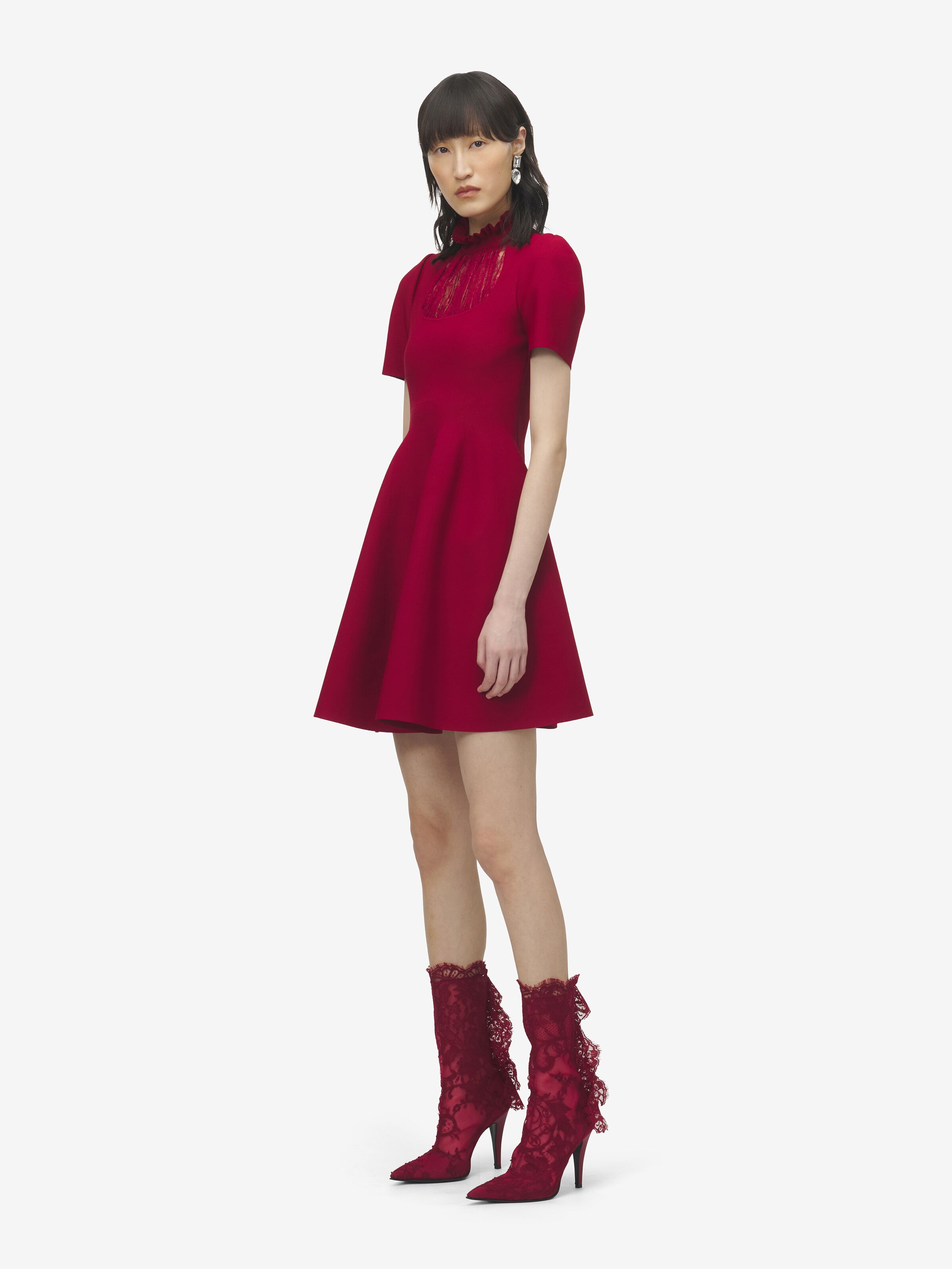 Women's Lace Panel Mini Dress in Crimson in 66% Viscose, 20% Polyamide, 13% Polyester, 1% Elastane | Alexander McQueen - image 3
