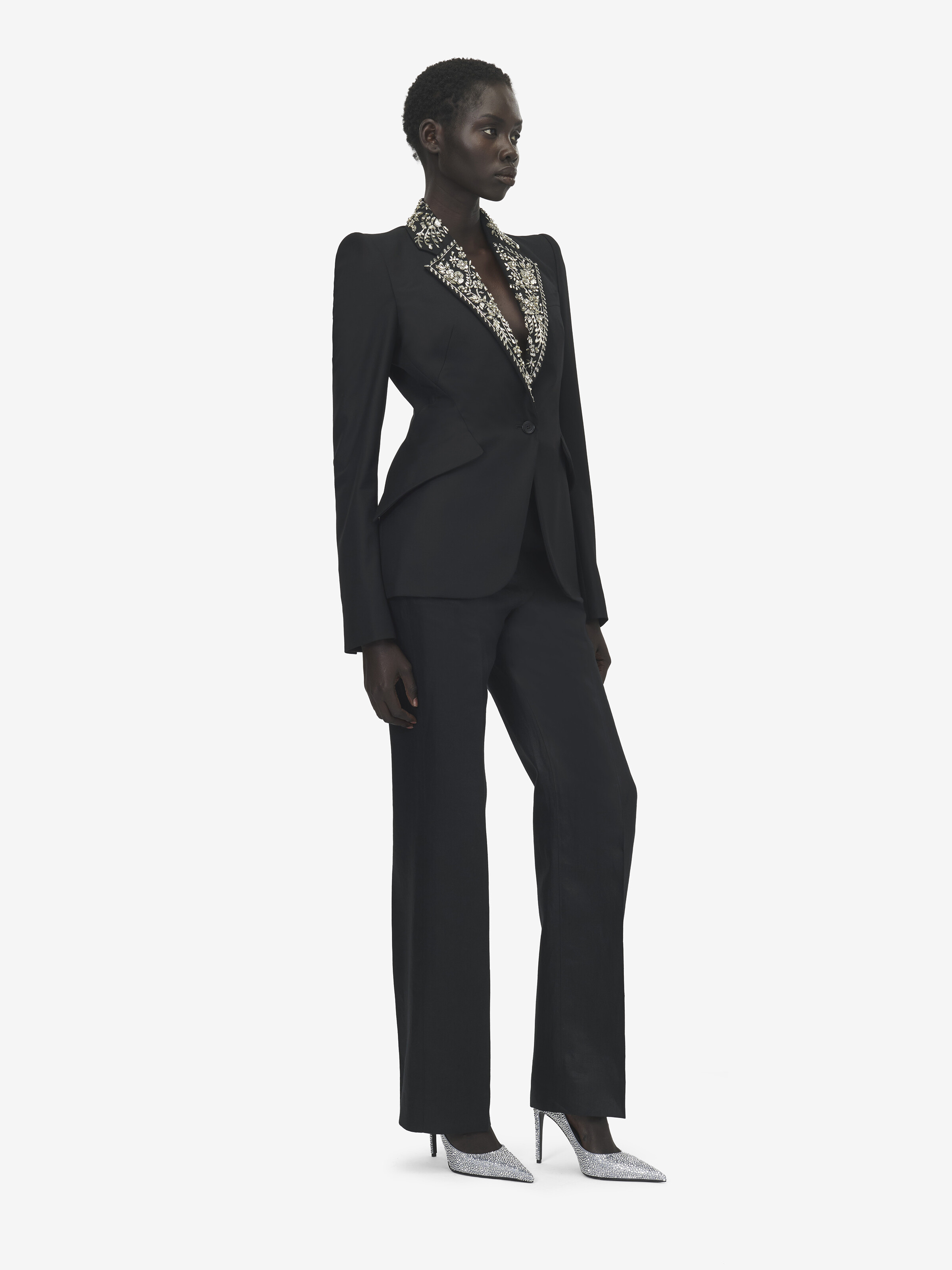 Women's Embroidered Lapel Single-breasted Jacket in Black in 100% Wool | Alexander McQueen - image 3