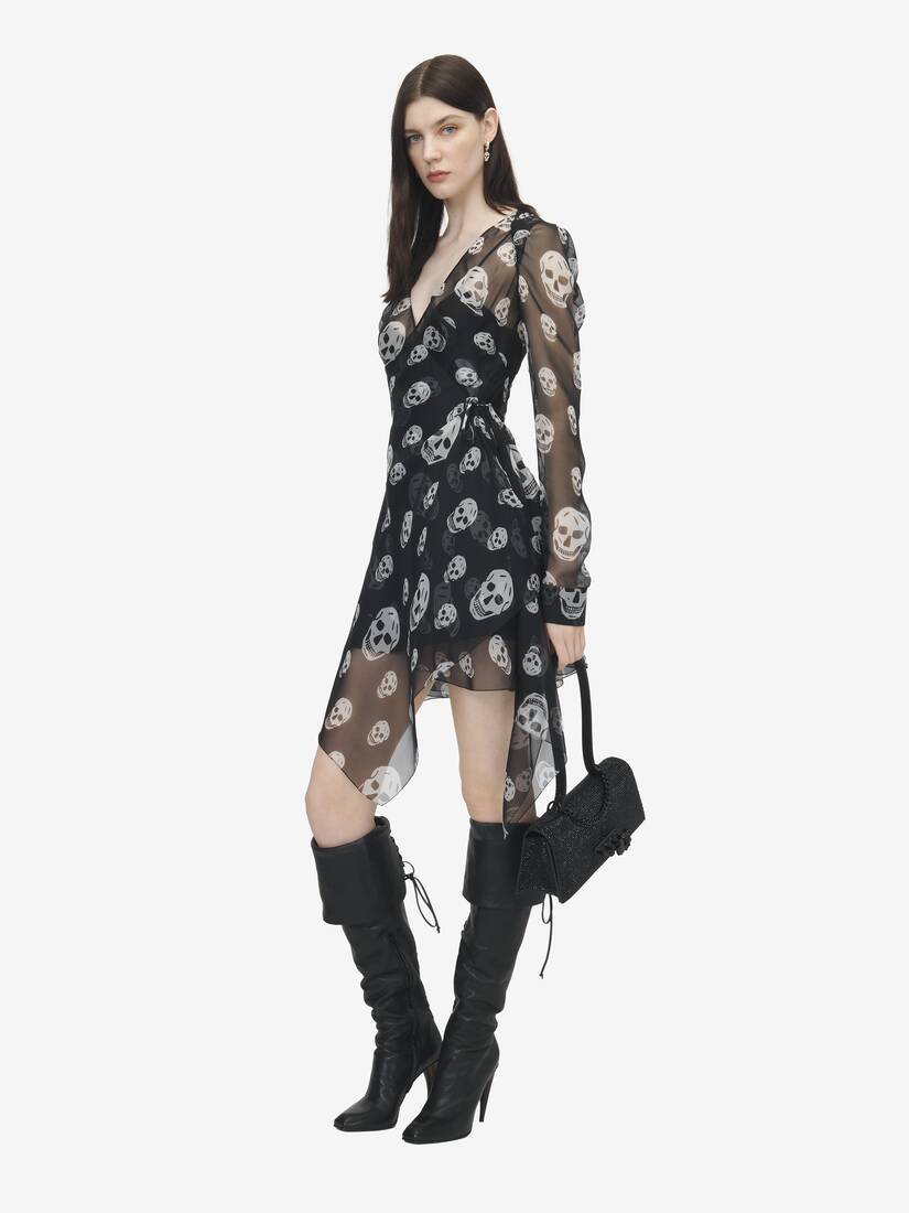 桑蚕丝骷髅印花裹身连衣裙 | Alexander McQueen - image 3
