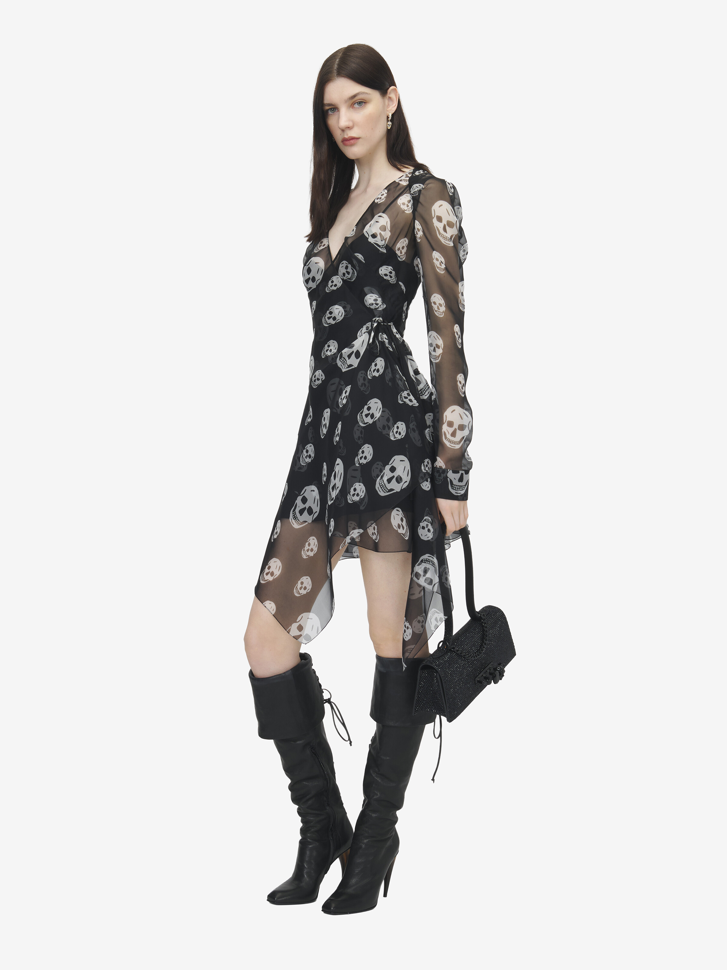 Robe portefeuille en soie à imprimé Skull pour Femme en Noir/Blanc in 100% Soie | Alexander McQueen - image 3
