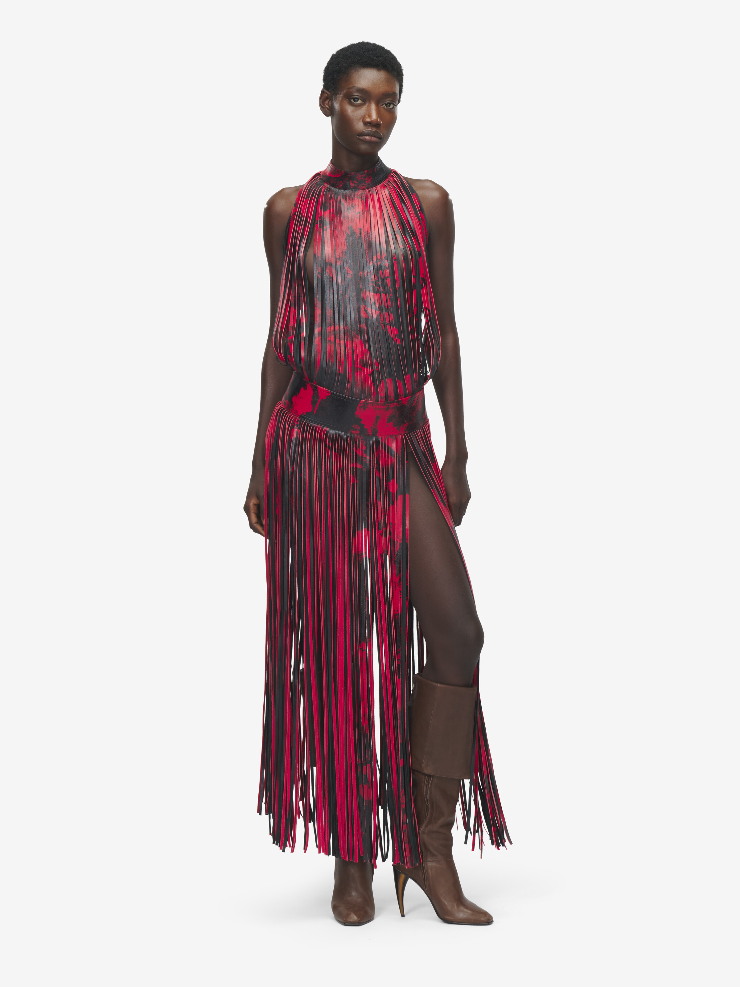 Women's Leather Floral Fringe Dress in Black/Red in Calf Leather | Alexander McQueen - image 2