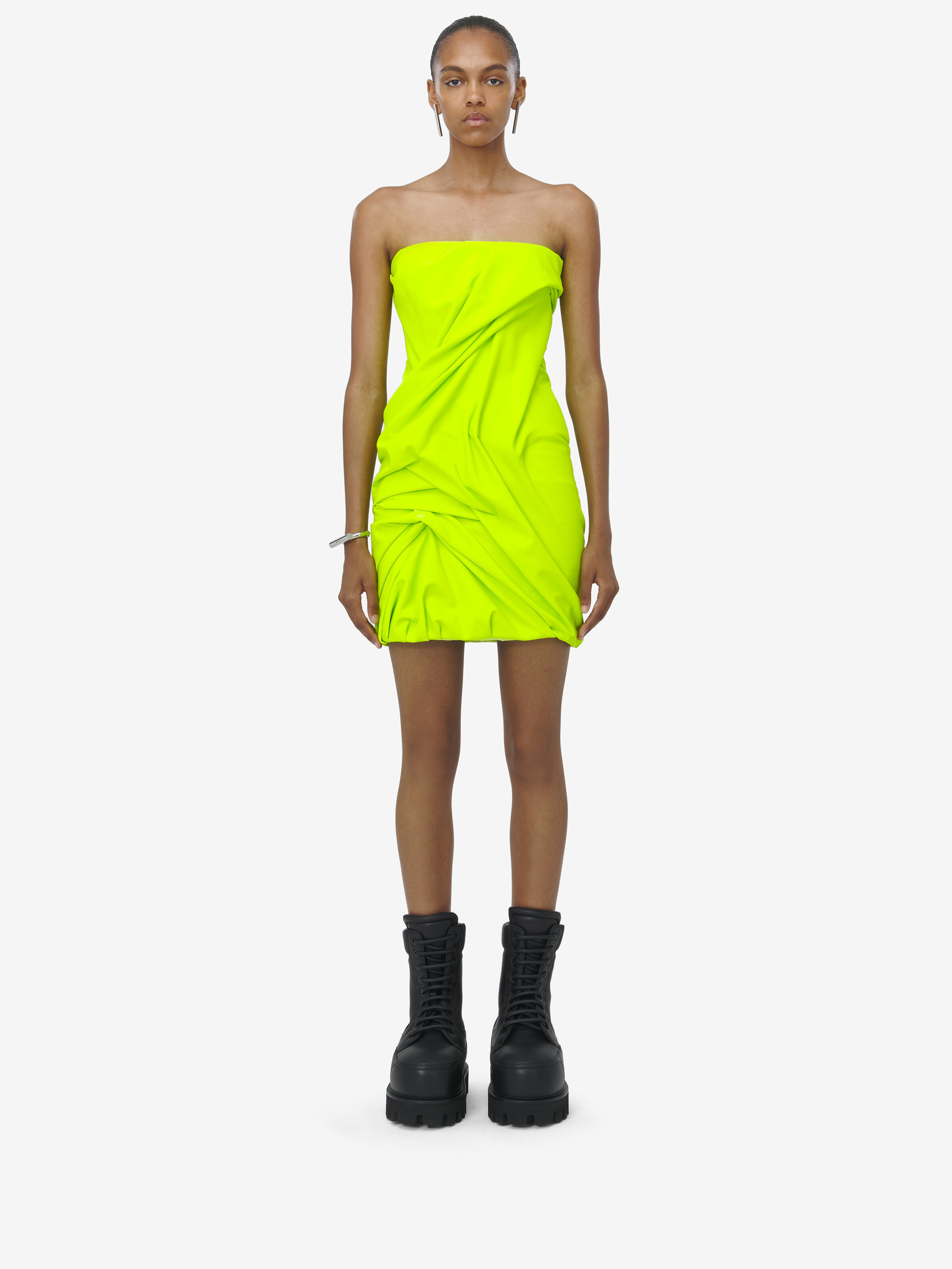 Women's Draped Mini Dress in Acid yellow in 83% Polyamide, 17% Elastan | Alexander McQueen - image 1