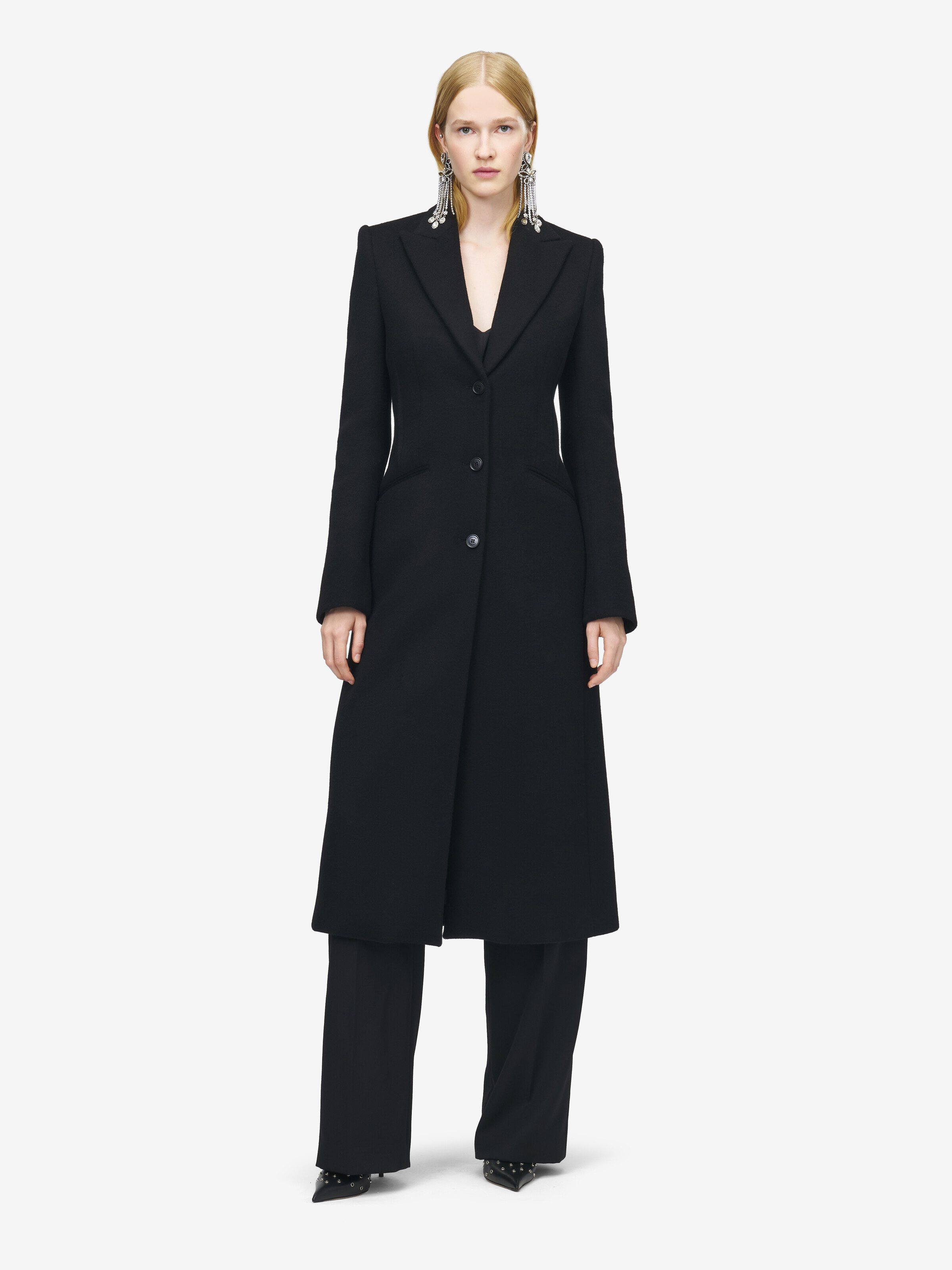 Women's Wool Felt Single-breasted Coat in Black in 100% Wool | Alexander McQueen - image 3