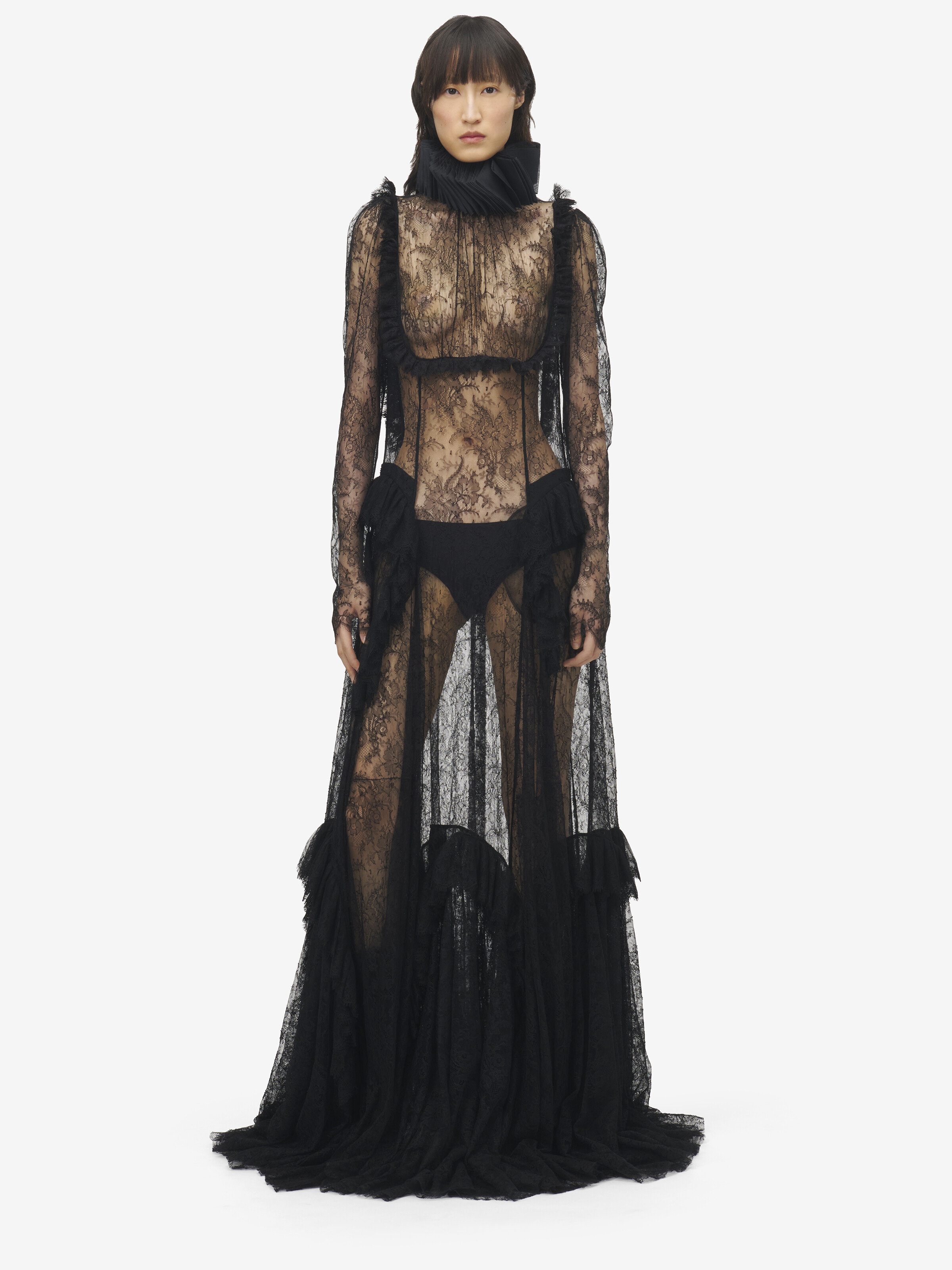 Women's Floral Lace Evening Dress in Black in 66% Polyamide, 34% Viscose | Alexander McQueen - image 2