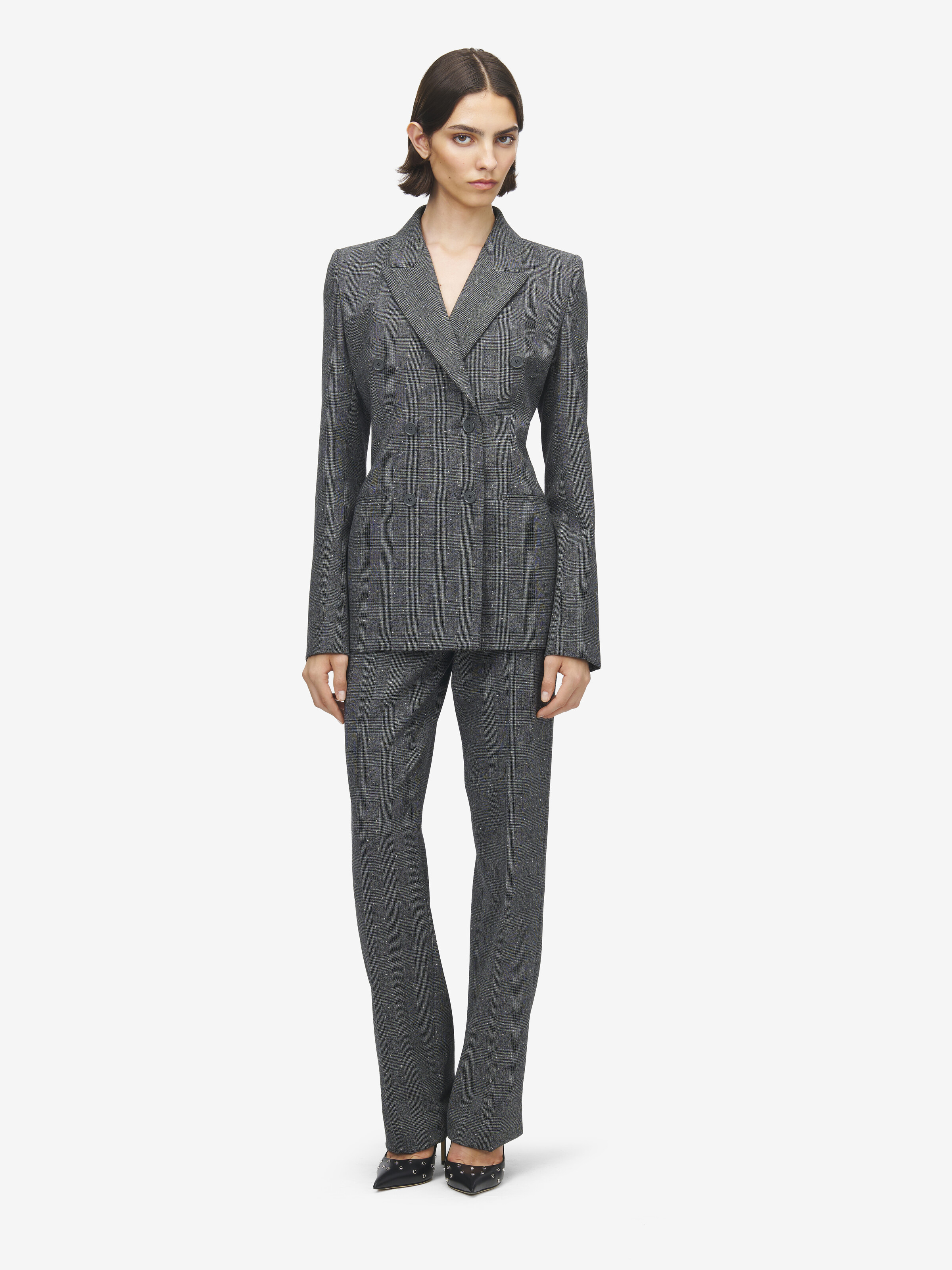 Women's Flecked Glen Check Double-breasted Jacket in Black/Ivory in 100% Wool | Alexander McQueen - image 3