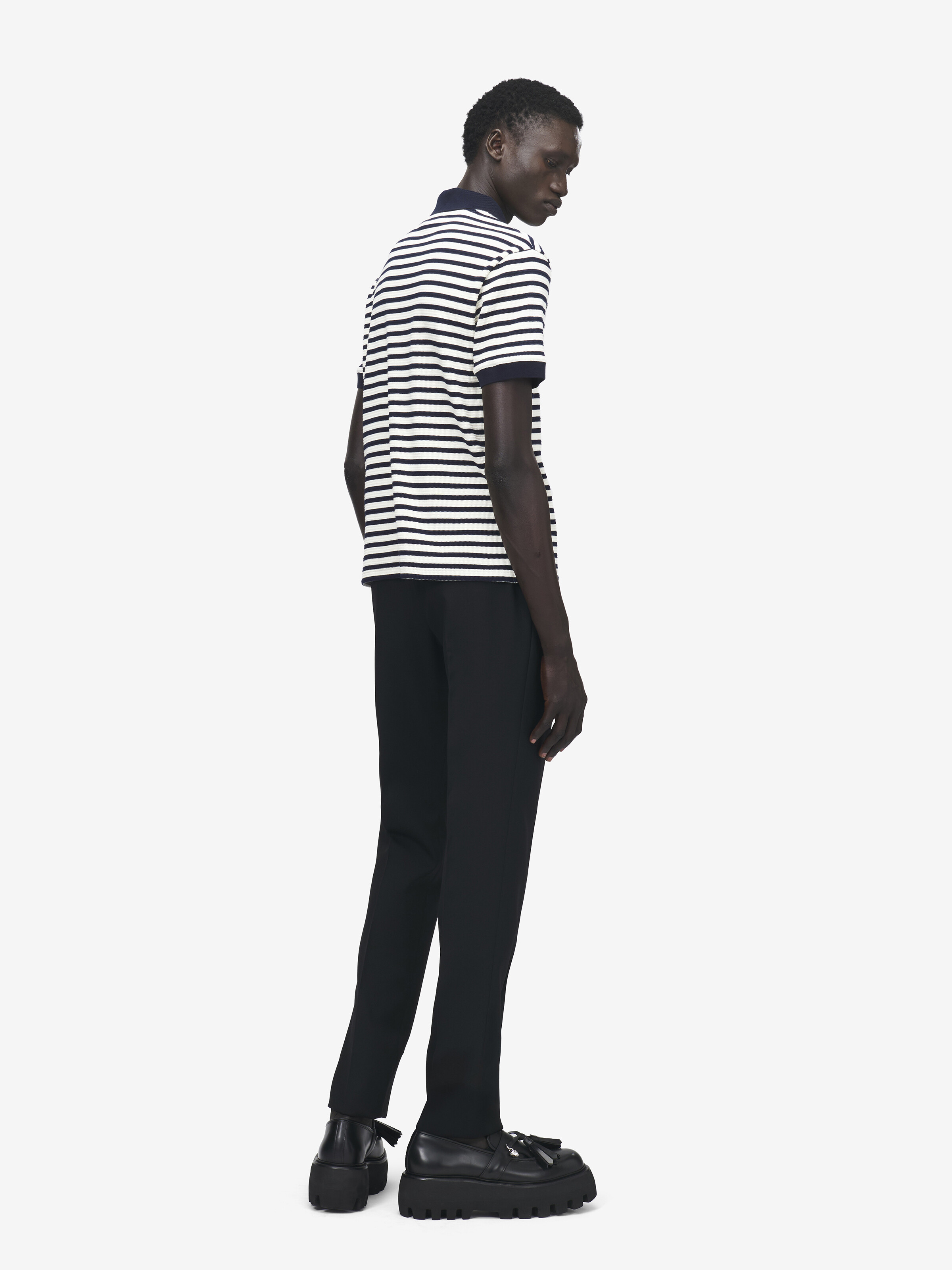 Men's Striped Polo Shirt in Ivory/Navy in 98% Cotton, 2% Elastan | Alexander McQueen - image 4