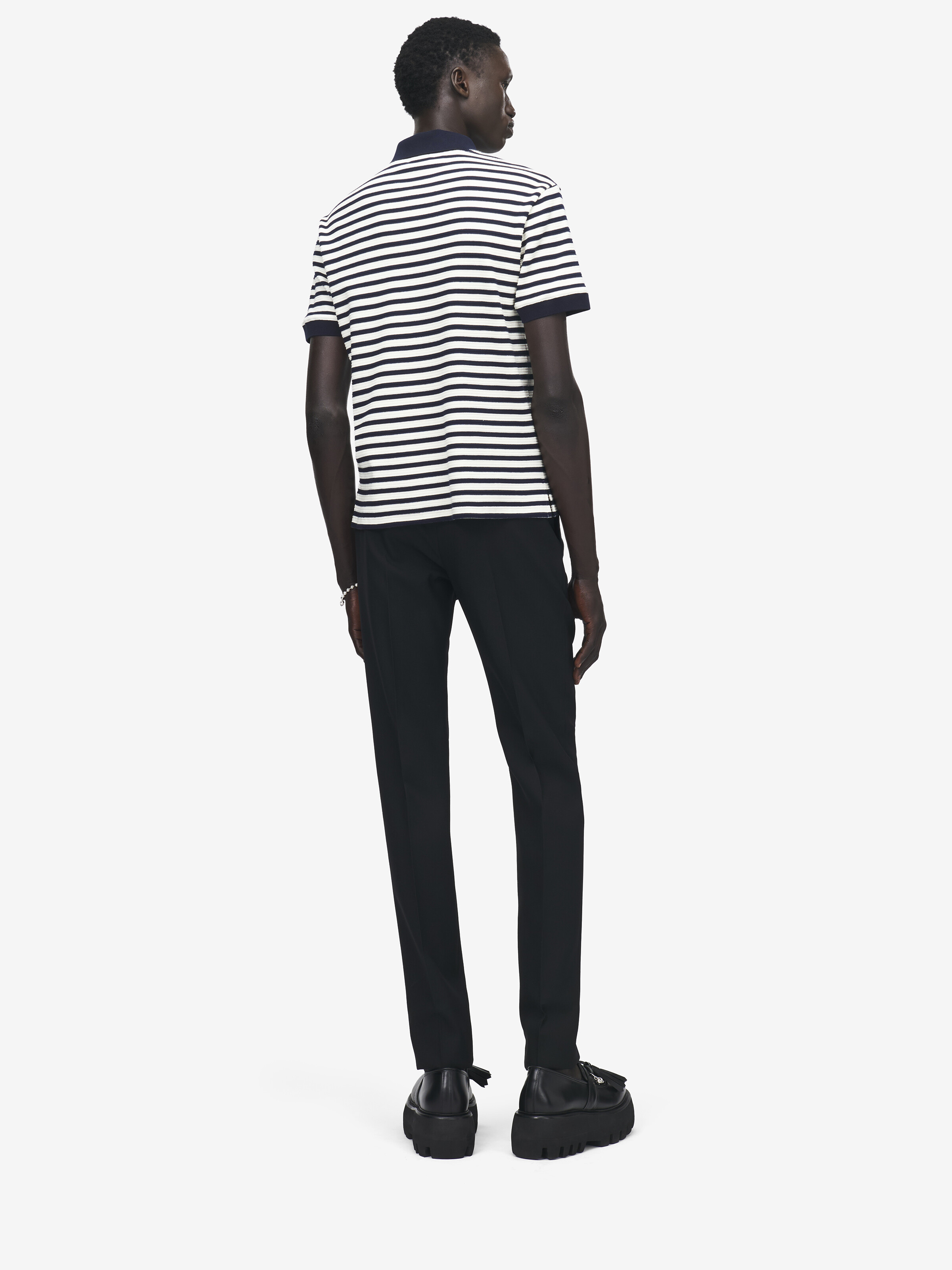 Men's Striped Polo Shirt in Ivory/Navy in 98% Cotton, 2% Elastan | Alexander McQueen - image 4