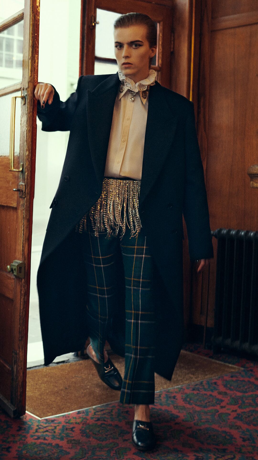 Model on set of McQueen Autumn Winter 2025 Pre-Collection photoshoot