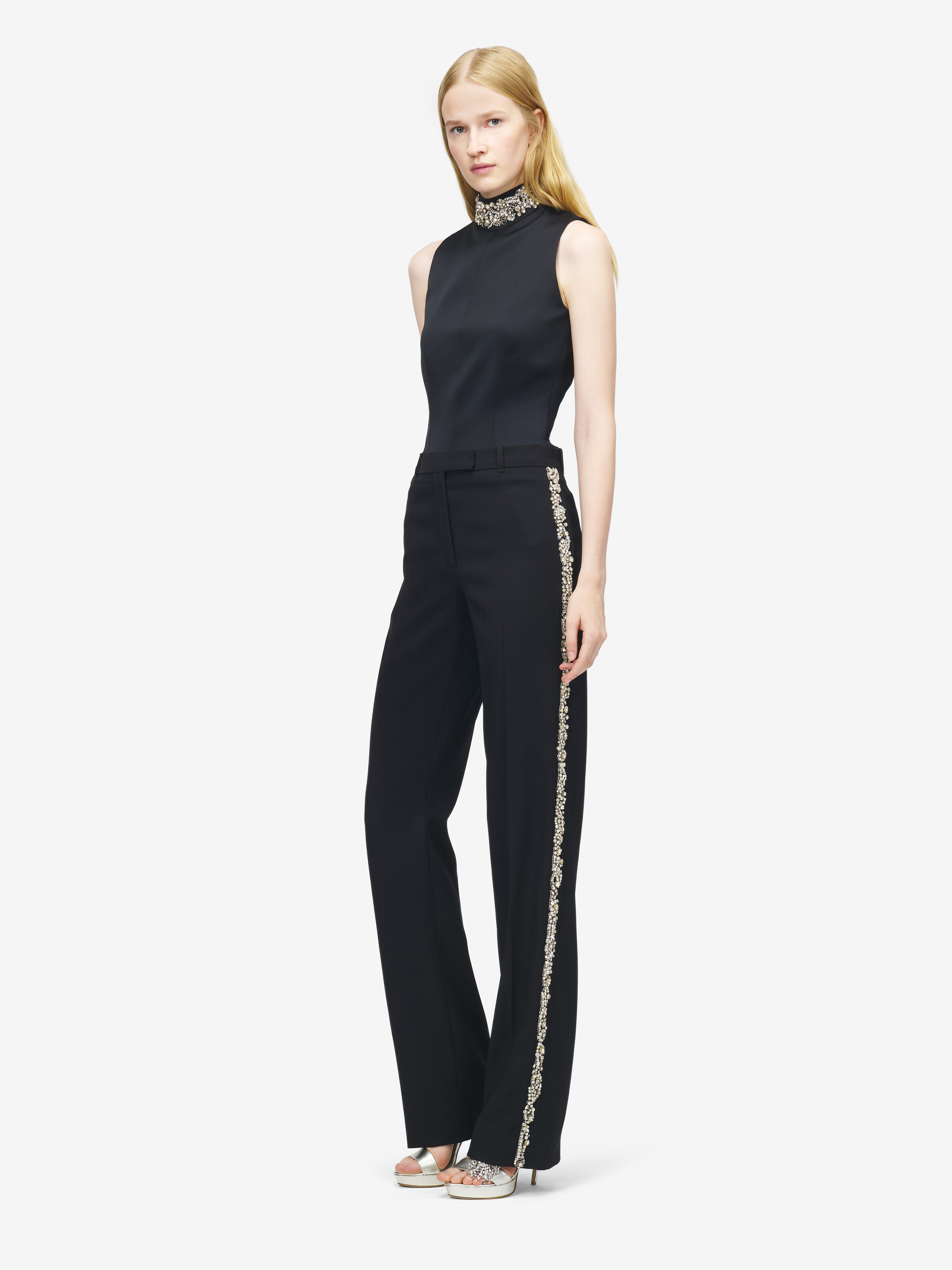 Women's Crystal Embroidery Tuxedo Trousers in Black in 100% Wool | Alexander McQueen - image 3