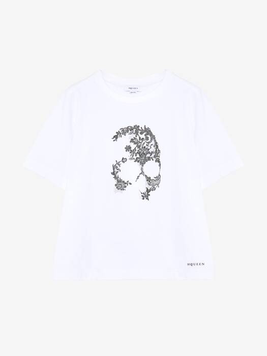 Women's Lace Skull T-shirt in White | McQueen US
