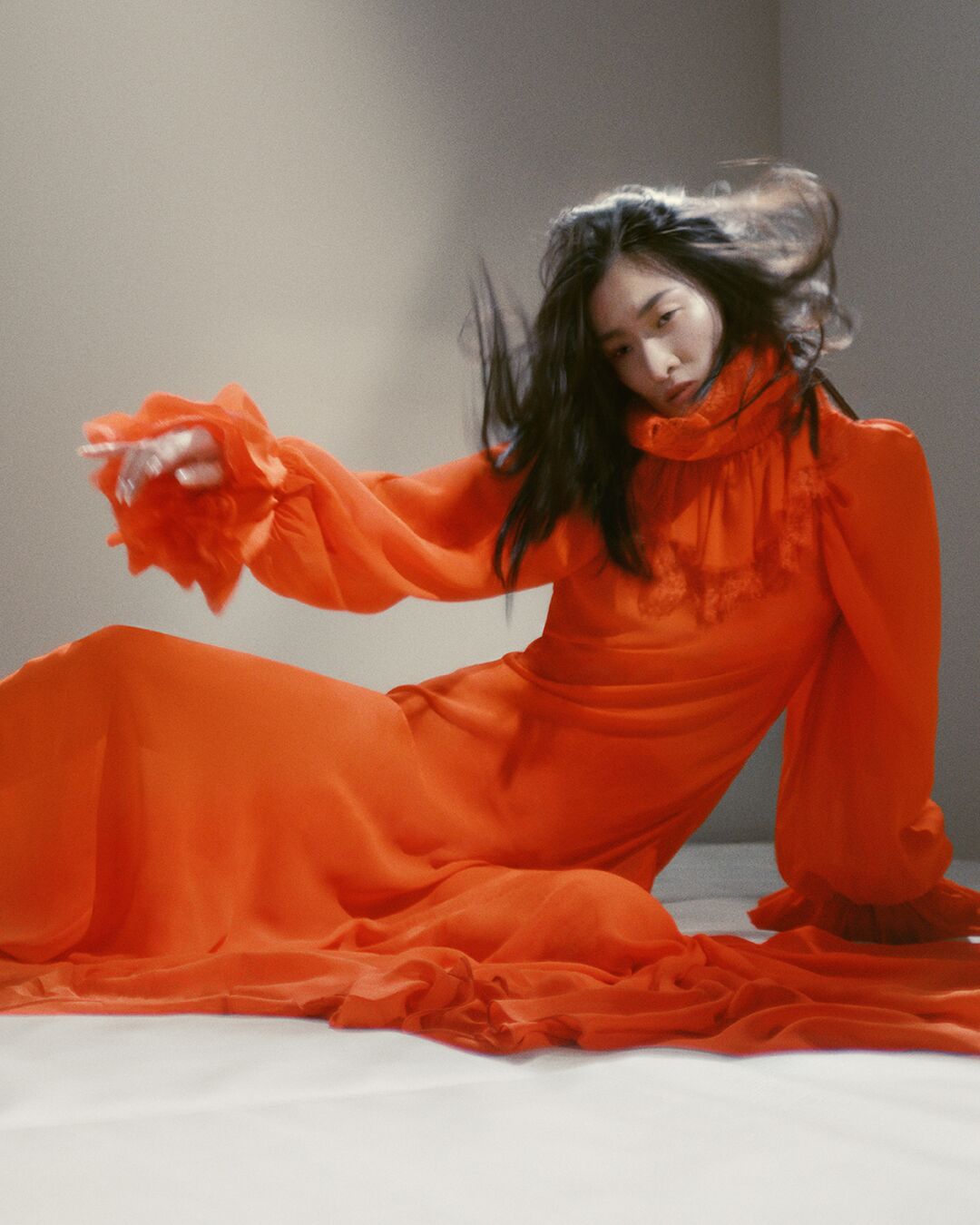 Model on set of McQueen Autumn Winter 2025 Campaign