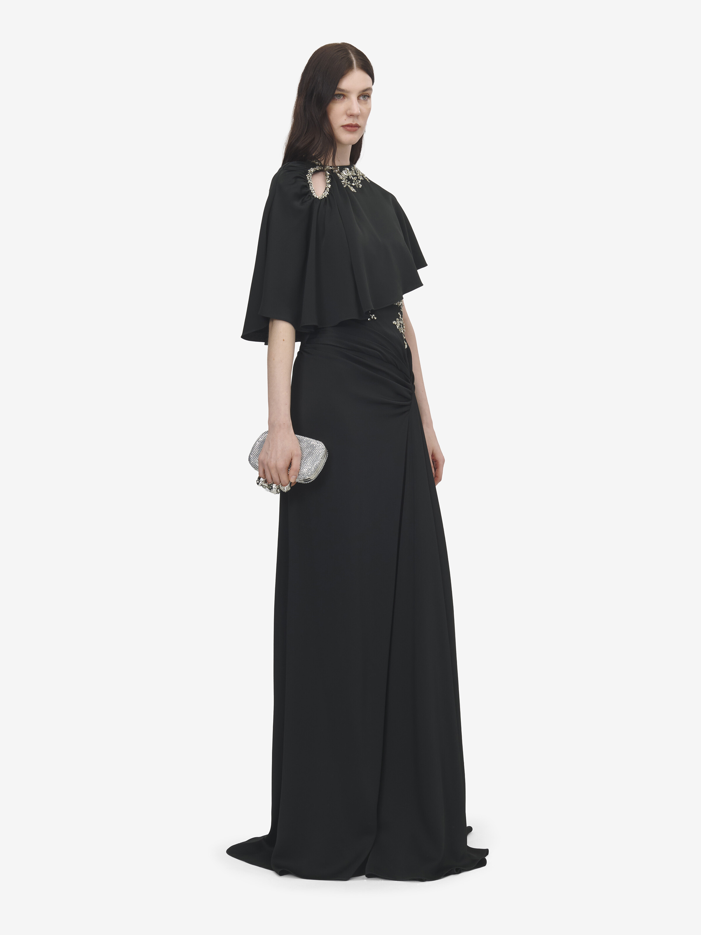 Women's Floral Embroidery Asymmetric Cape in Black in 61% Viscose, 39% Acetate | Alexander McQueen - image 3