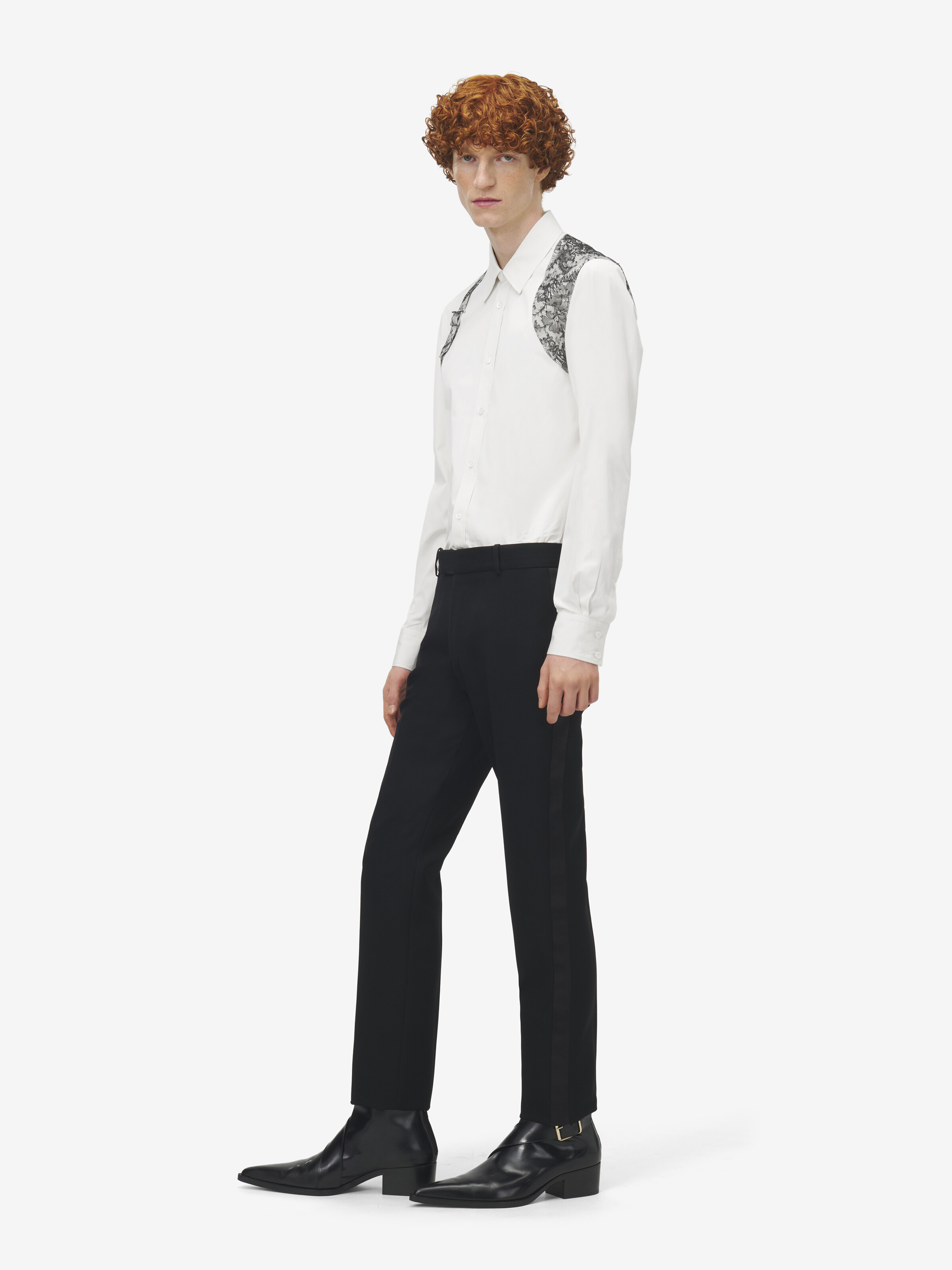 Men's Floral Lace Harness Shirt in Optical White in 100% Cotton | Alexander McQueen - image 4