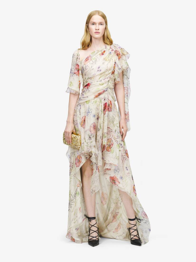 Meadow Floral Print Asymmetric Evening Dress | Alexander McQueen - image 1