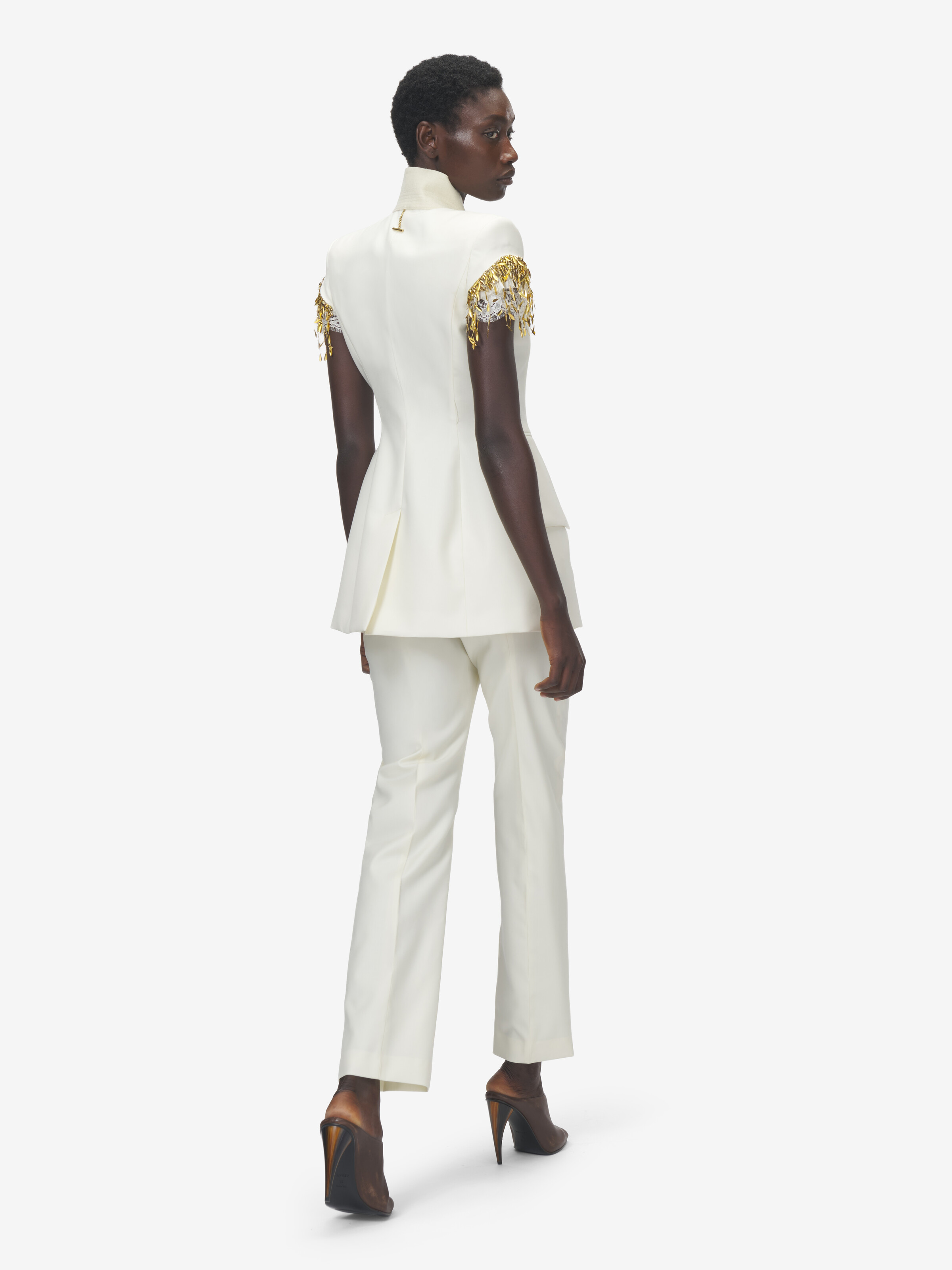 Women's Gold Leaves and Crystal Embroidery Short-Sleeved Jacket in Ivory in 100% Wool | Alexander McQueen - image 4