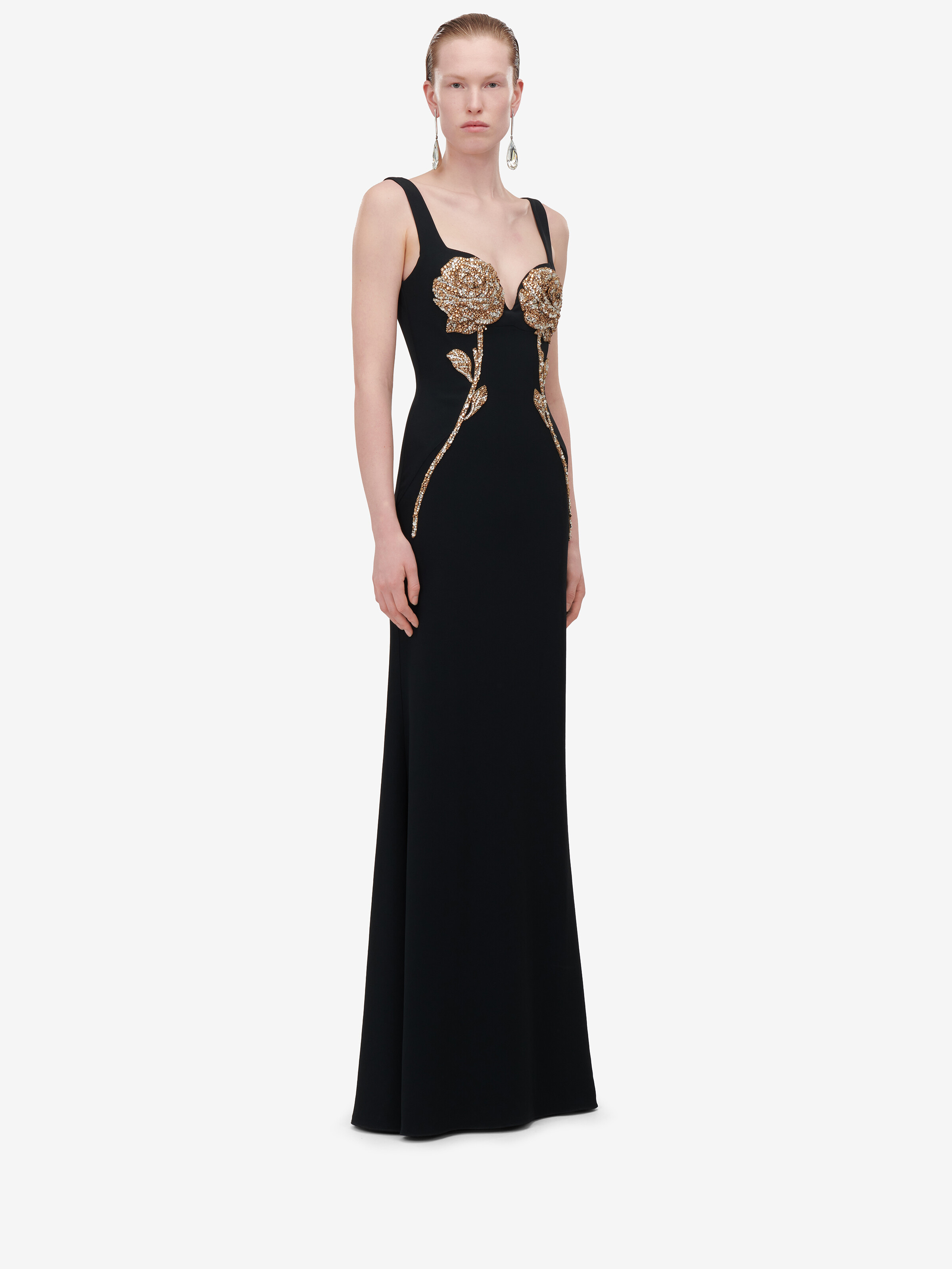 Women's Gold Rose Embroidery Evening Dress in Black in 52% Viscose, 48% Acetate | Alexander McQueen - image 3