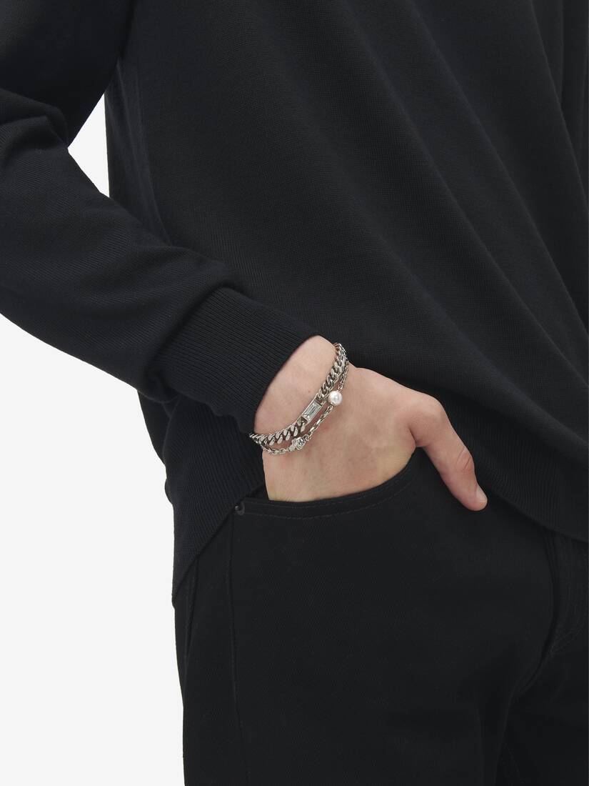 Skull & Pearl Layered Chain Bracelet