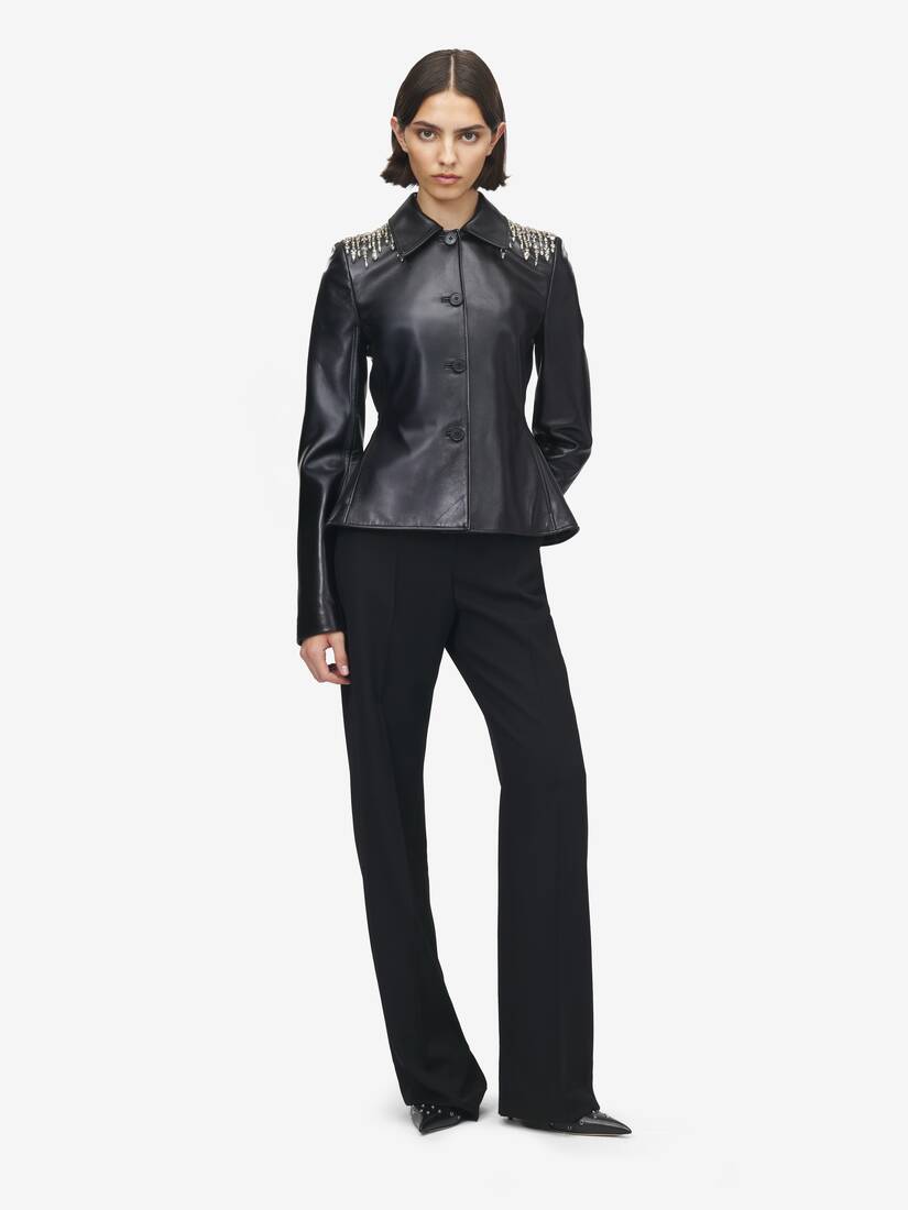 Crystal Embroidery Leather Peplum Jacket | Alexander McQueen - image 2