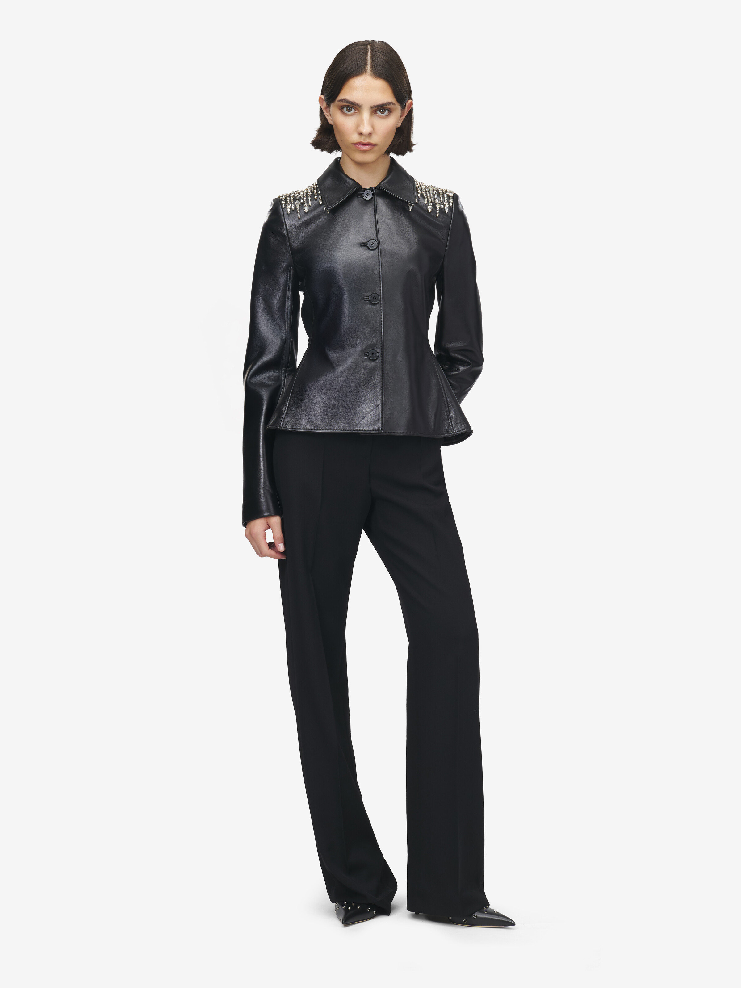 Women's Crystal Embroidery Leather Peplum Jacket in Black in 100% Lamb Leather | Alexander McQueen - image 2