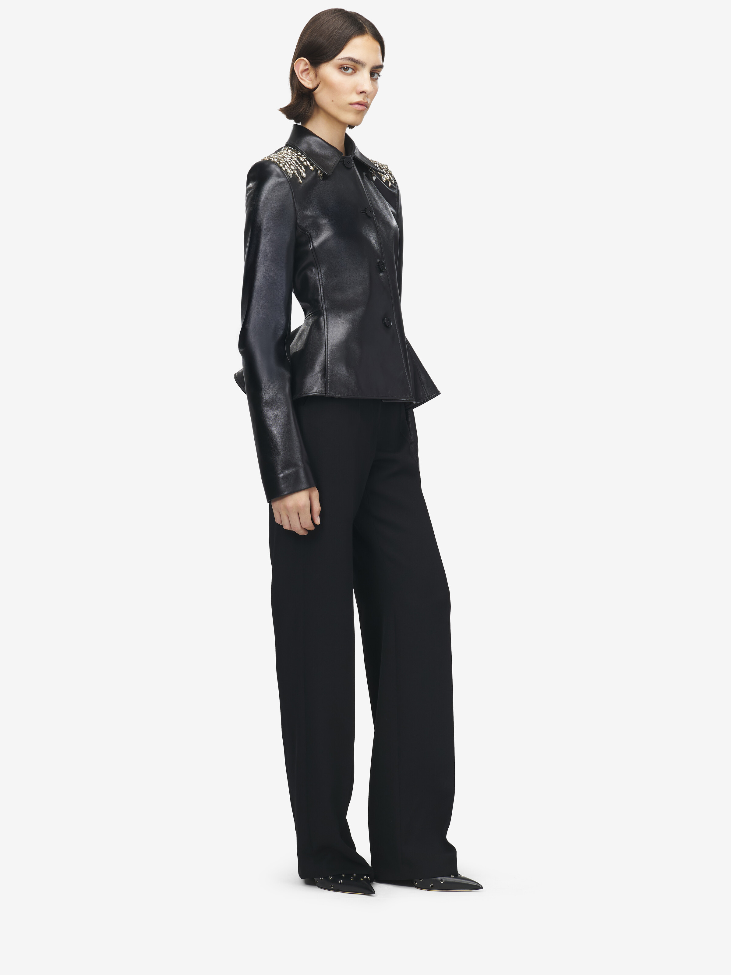 Women's Crystal Embroidery Leather Peplum Jacket in Black in Lamb Leather | Alexander McQueen - image 3