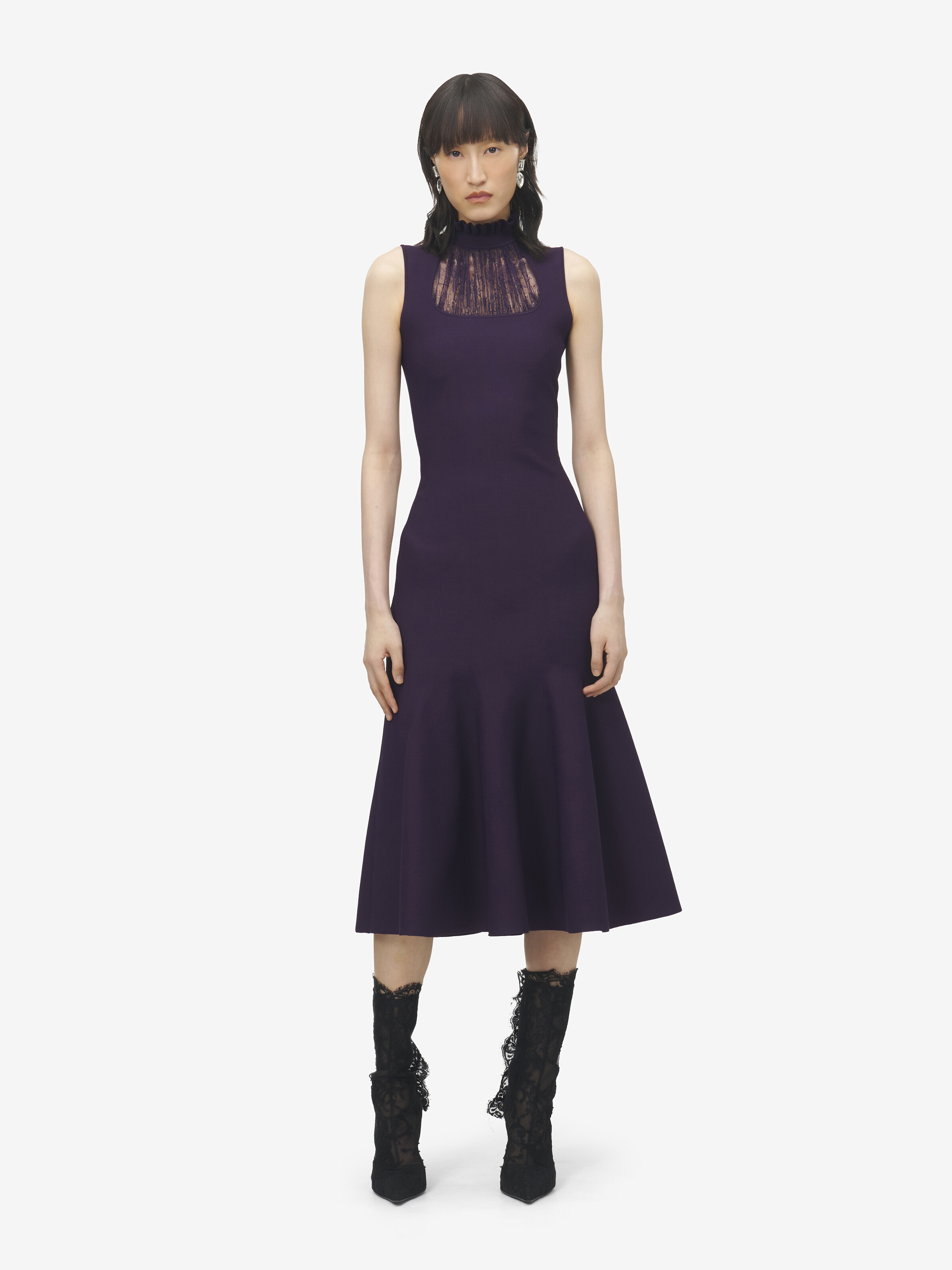 Women's Lace Panel Midi Dress in Violet in 66% Viscose, 20% Polyamide, 13% Polyester, 1% Elastane | Alexander McQueen - image 1