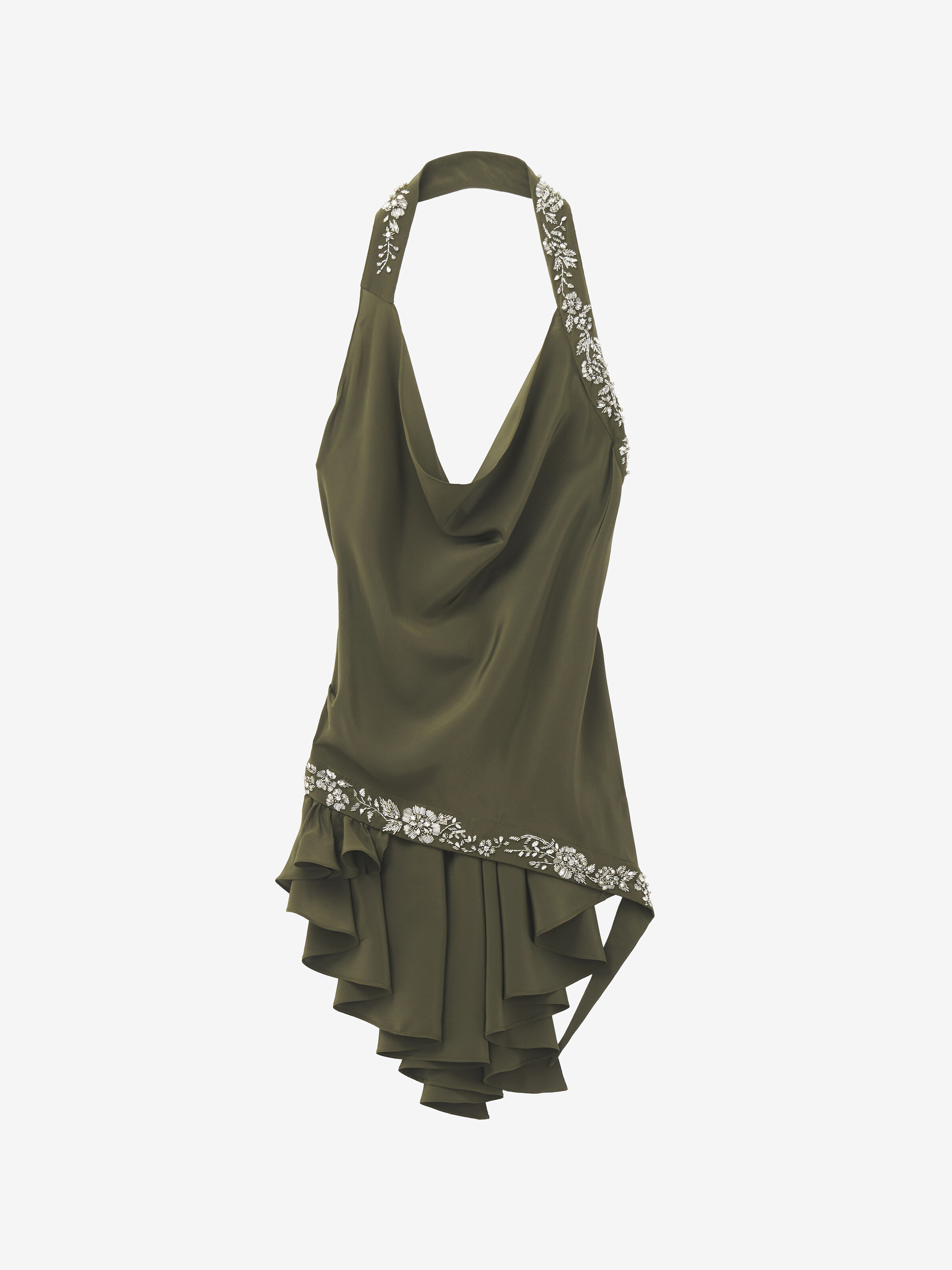 Women's Floral Embroidery Asymmetric Top in Green in 100% Silk | Alexander McQueen - image 1