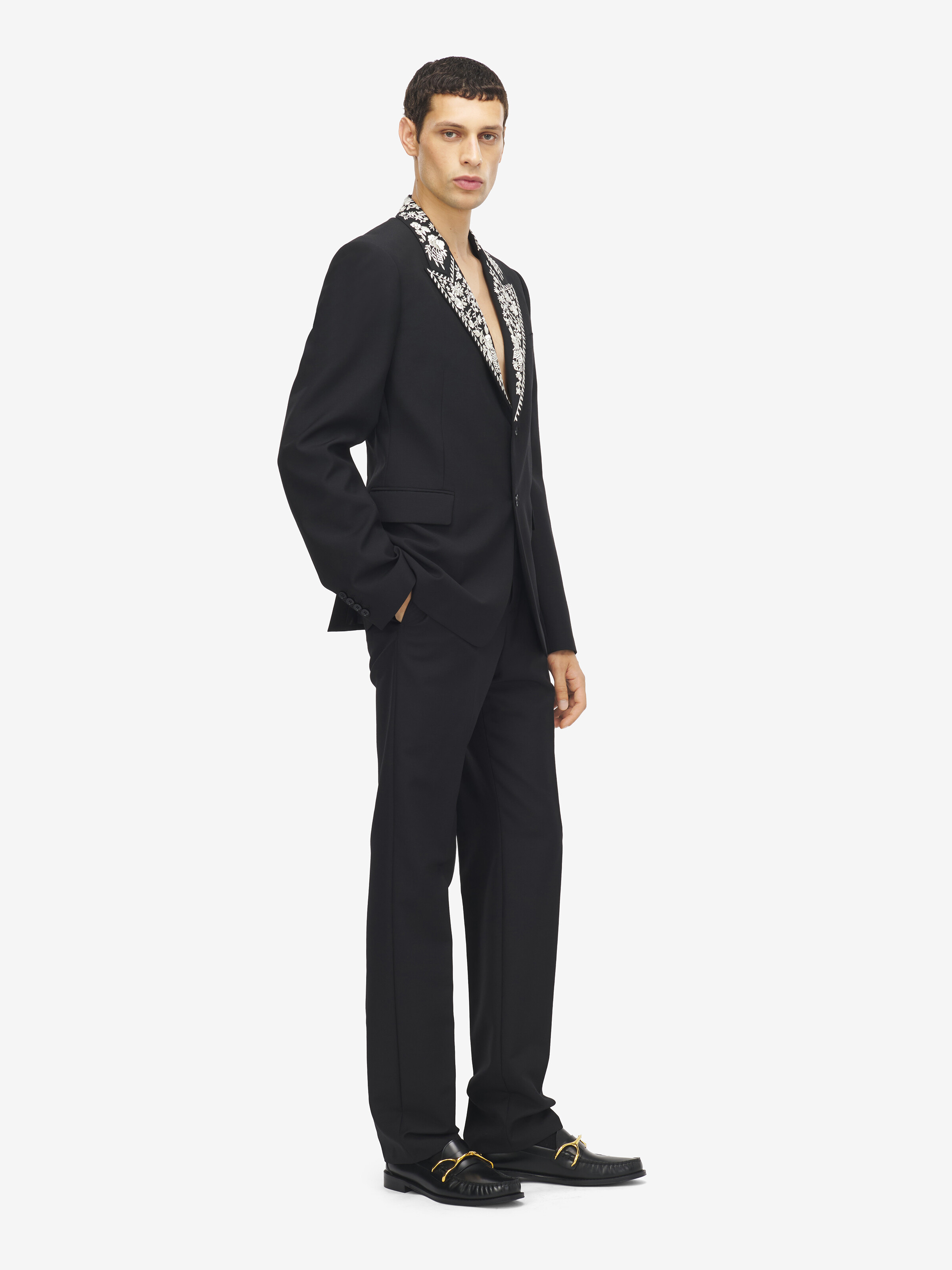 Men's Floral Embroidery Double-breasted Jacket in Black in 75% Wool, 25% Mohair | Alexander McQueen - image 3