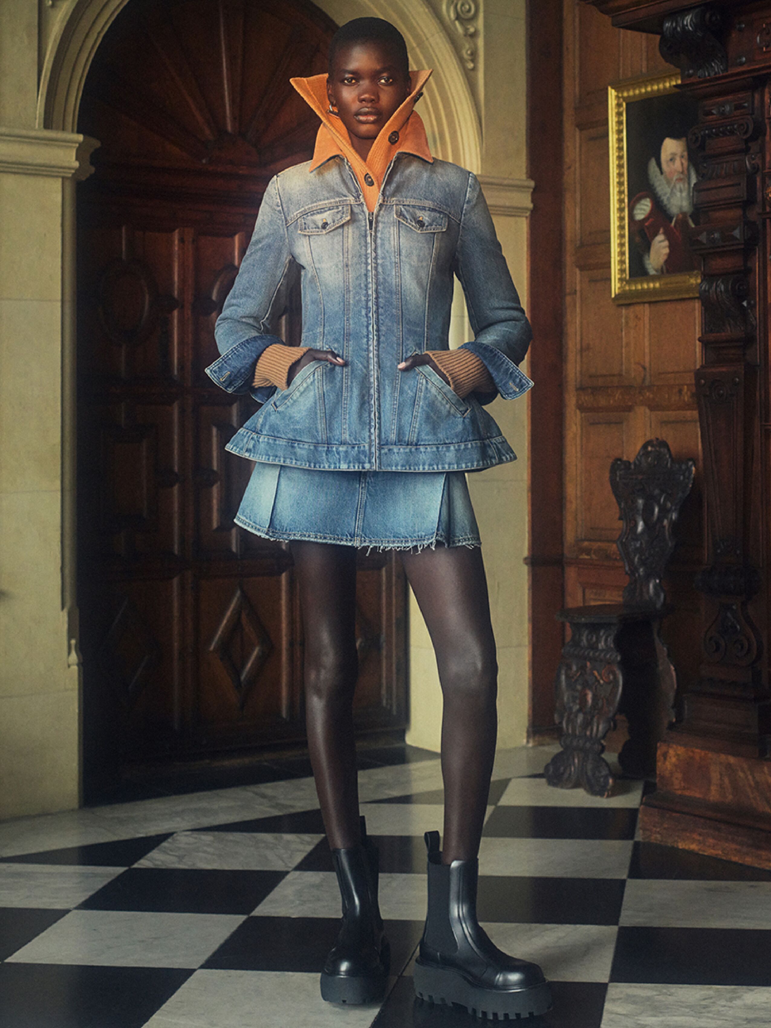 Alexander McQueen Denim tailored jacket and McQueen denim skirt